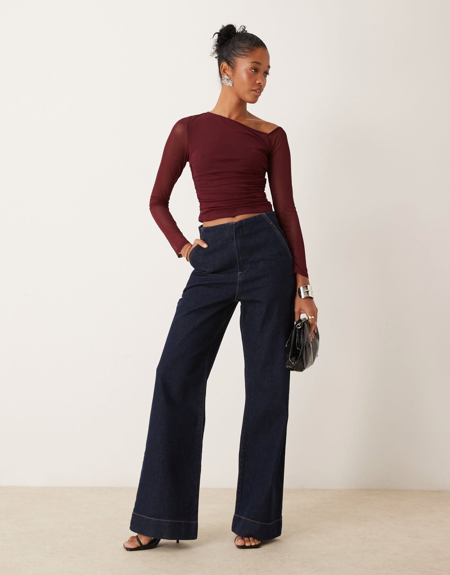 New Look asymmetric long sleeve mesh top in burgundy - ASOS Sample Sale EU Store