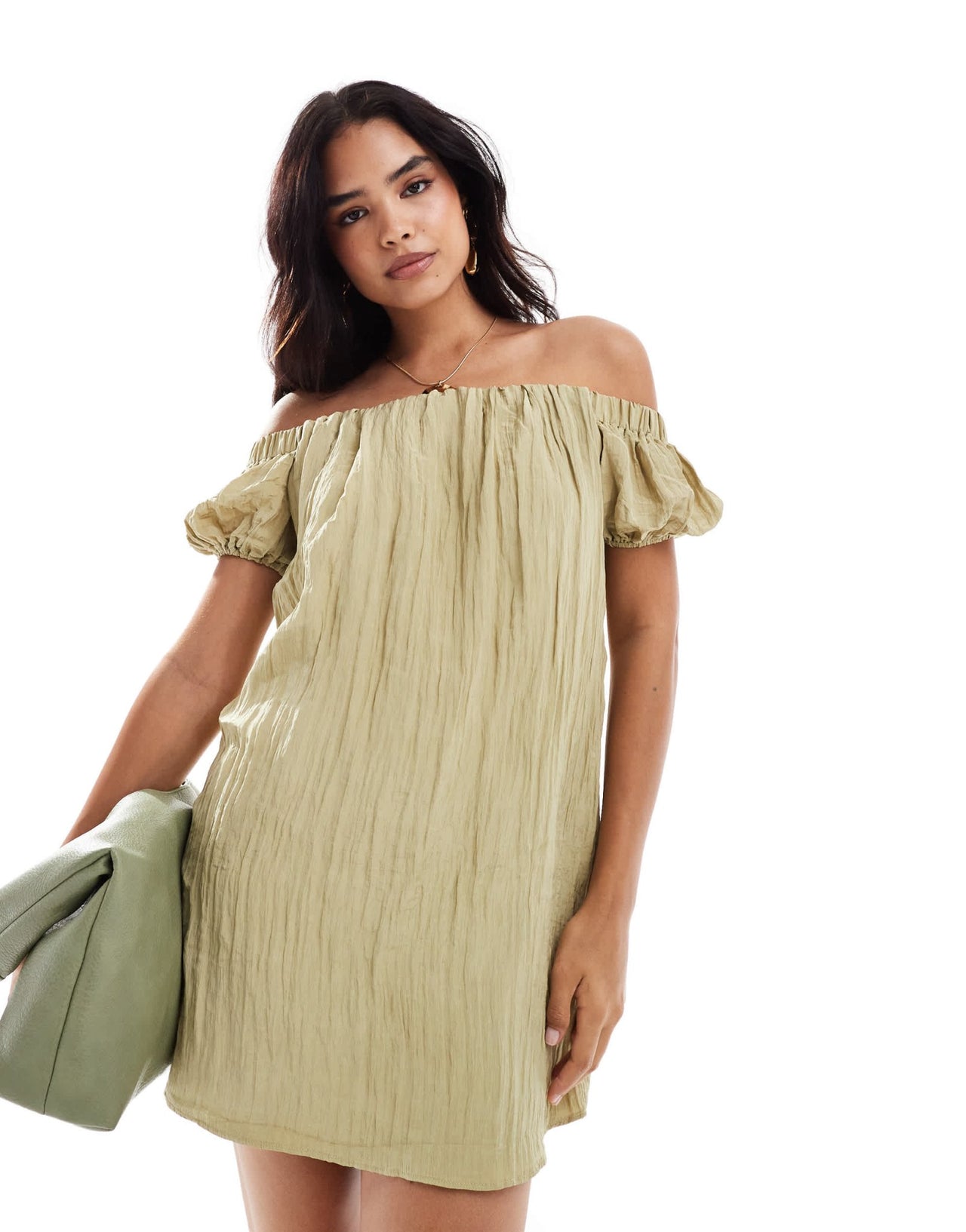 New Look bardot crinkle mini dress in khaki - ASOS Sample Sale EU Store
