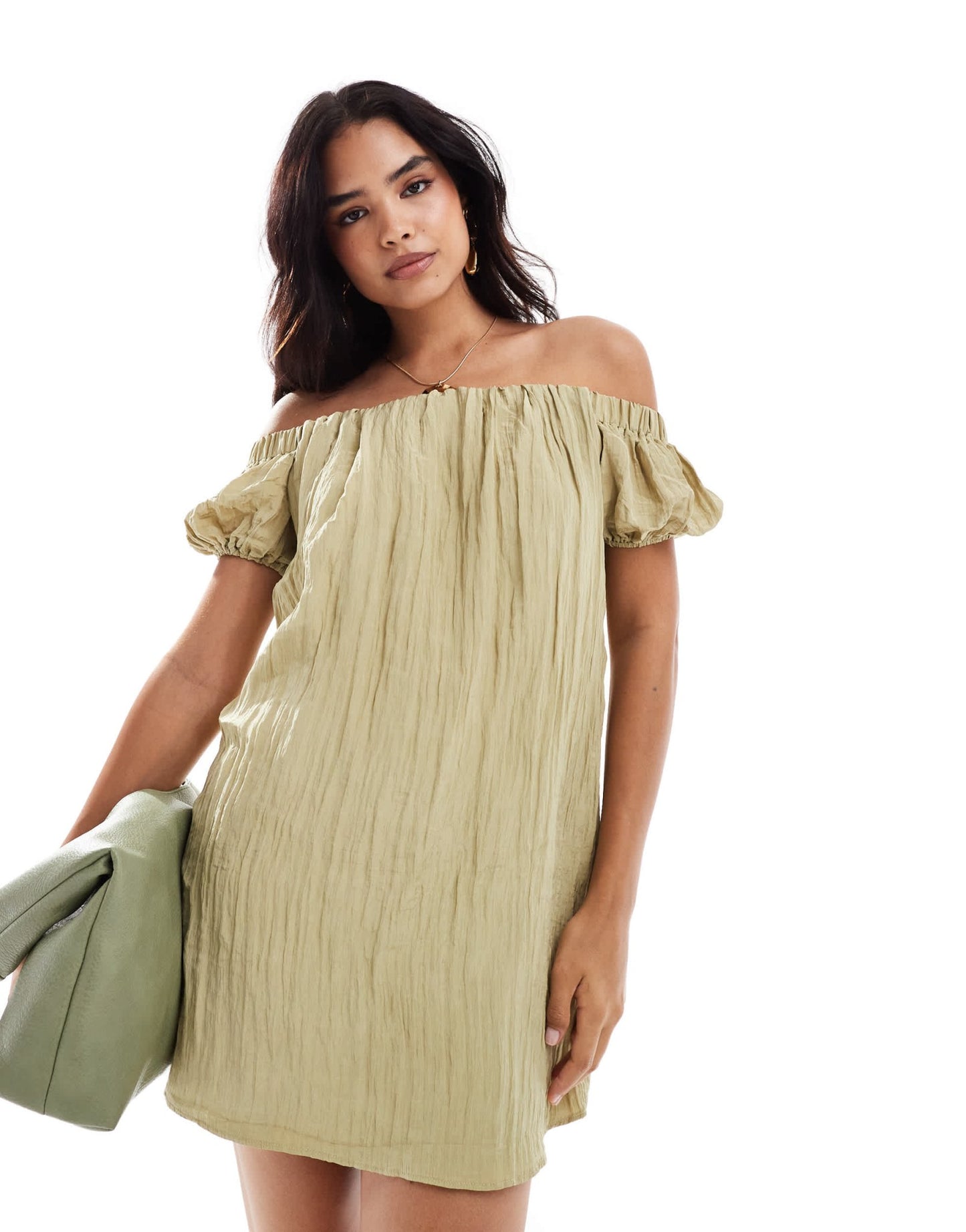 New Look bardot crinkle mini dress in khaki - ASOS Sample Sale EU Store