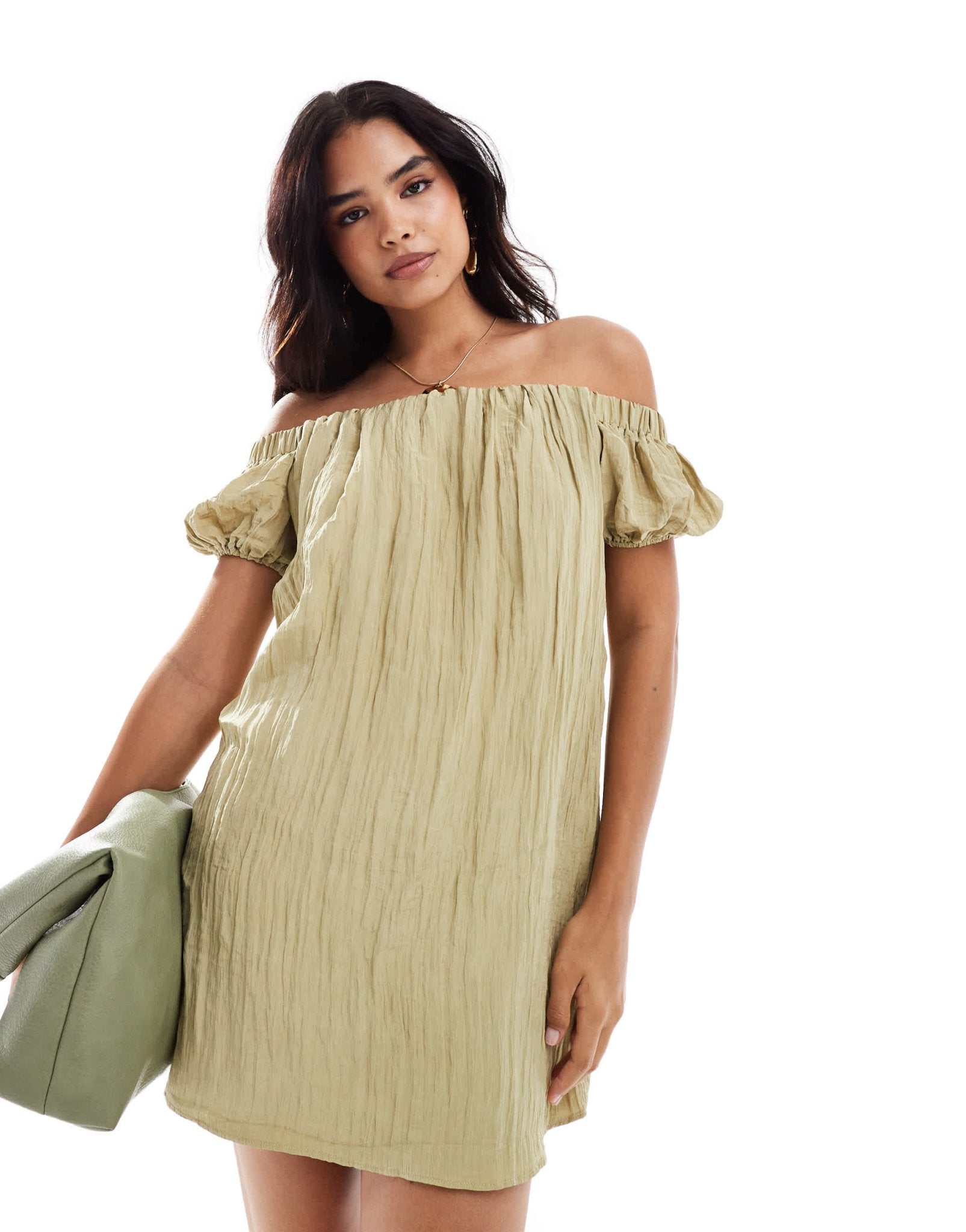 New Look bardot crinkle mini dress in khaki - ASOS Sample Sale EU Store