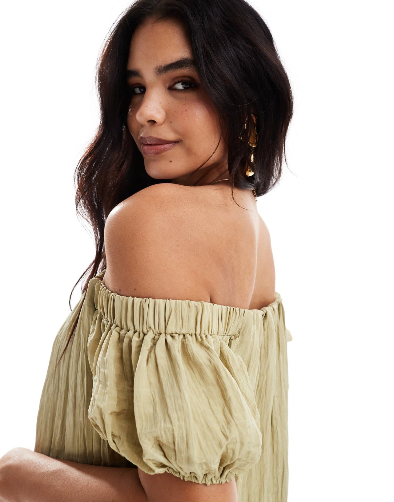 New Look bardot crinkle mini dress in khaki - ASOS Sample Sale EU Store