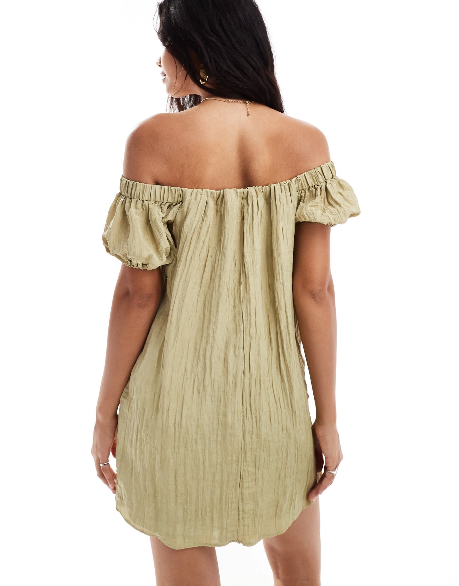 New Look bardot crinkle mini dress in khaki - ASOS Sample Sale EU Store