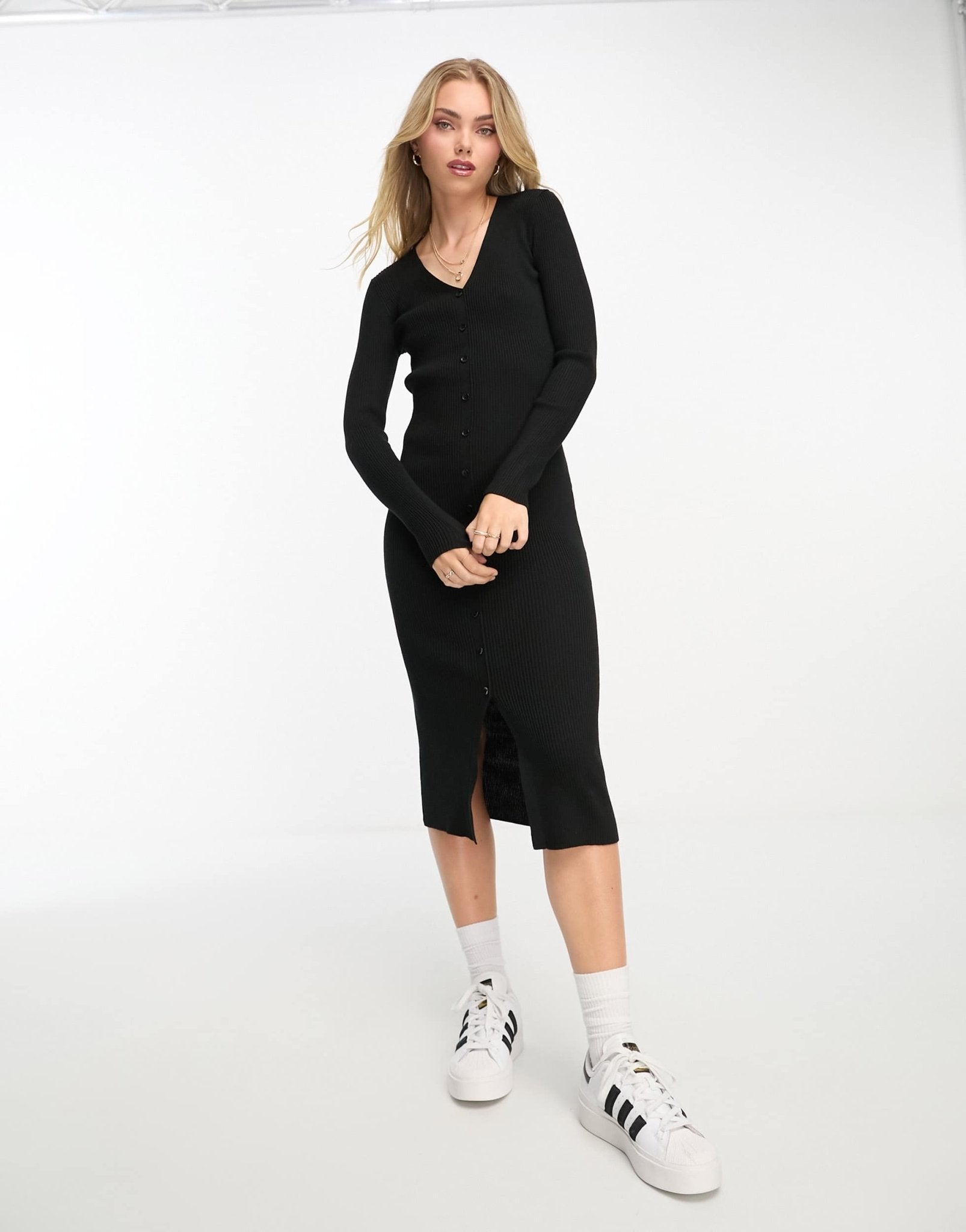 New Look button through ribbed knitted dress in black - ASOS Sample Sale EU Store