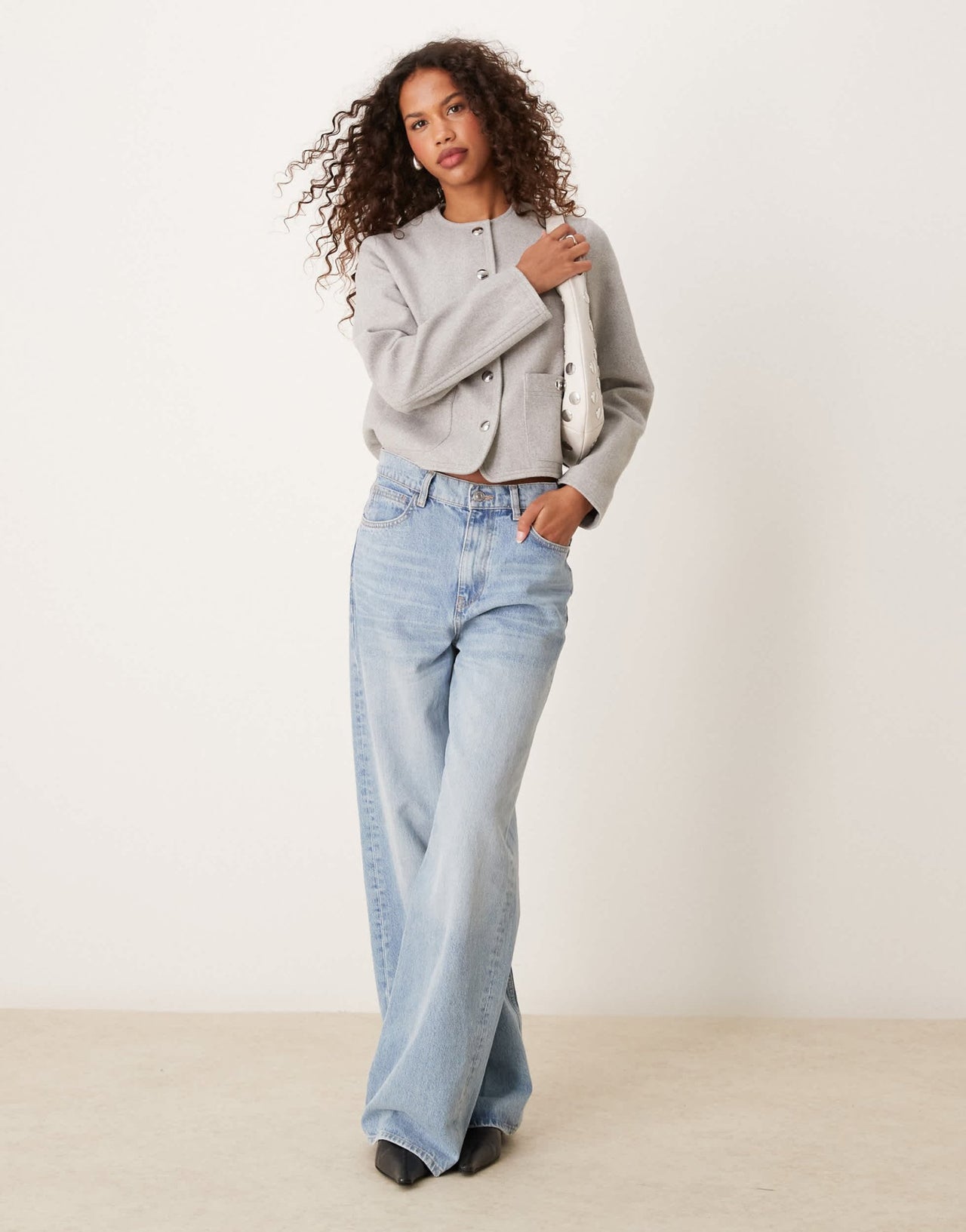New Look collarless button down jacket in grey - ASOS Sample Sale EU Store