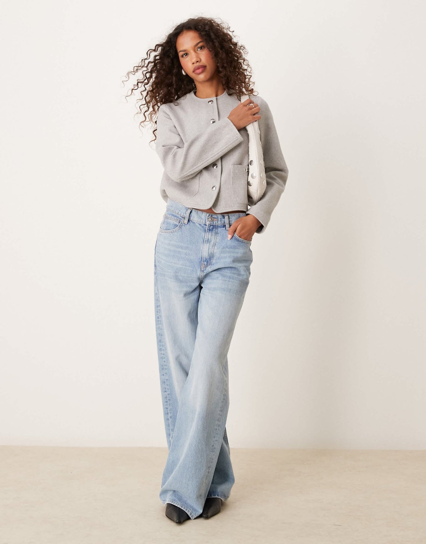New Look collarless button down jacket in grey - ASOS Sample Sale EU Store