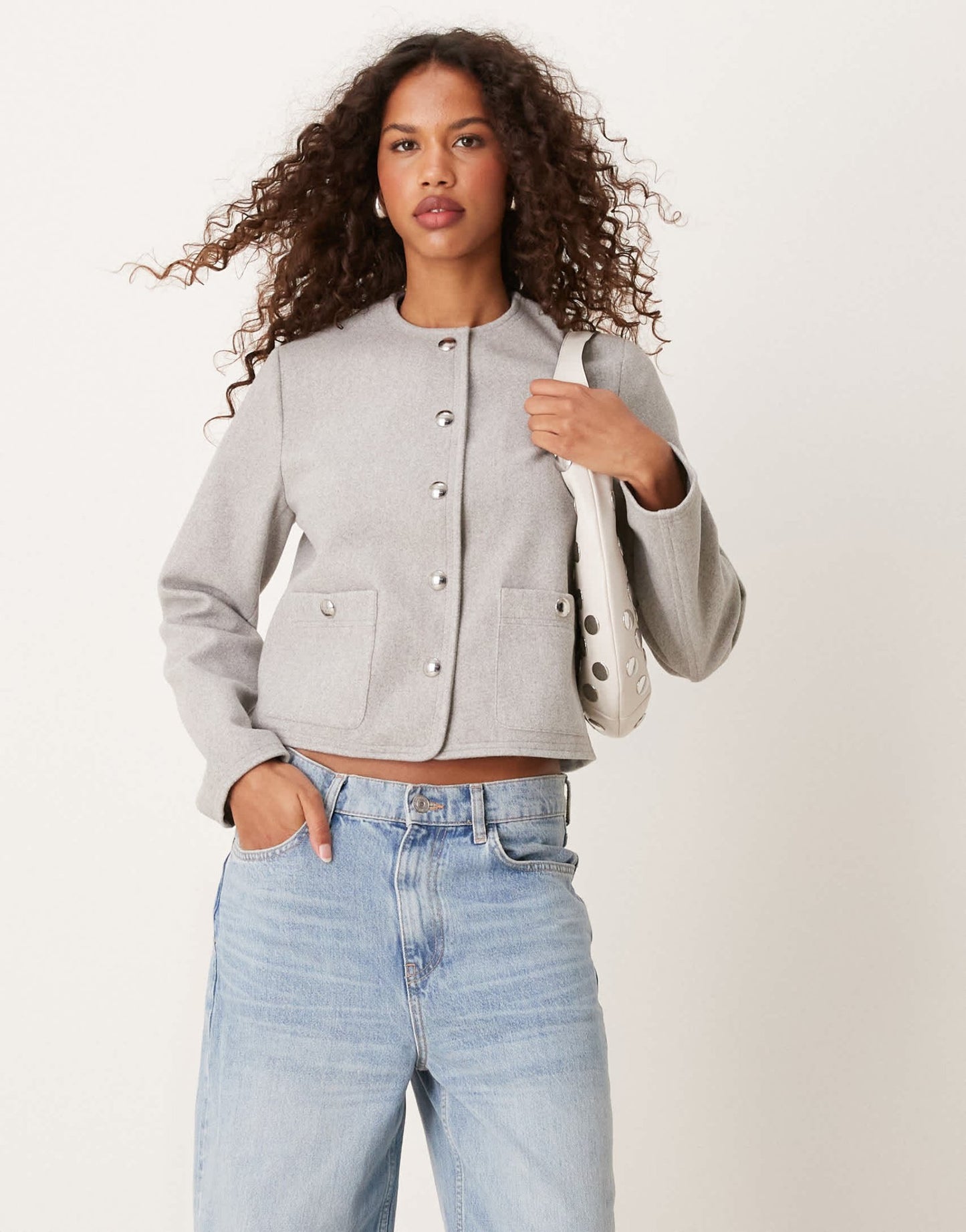 New Look collarless button down jacket in grey - ASOS Sample Sale EU Store