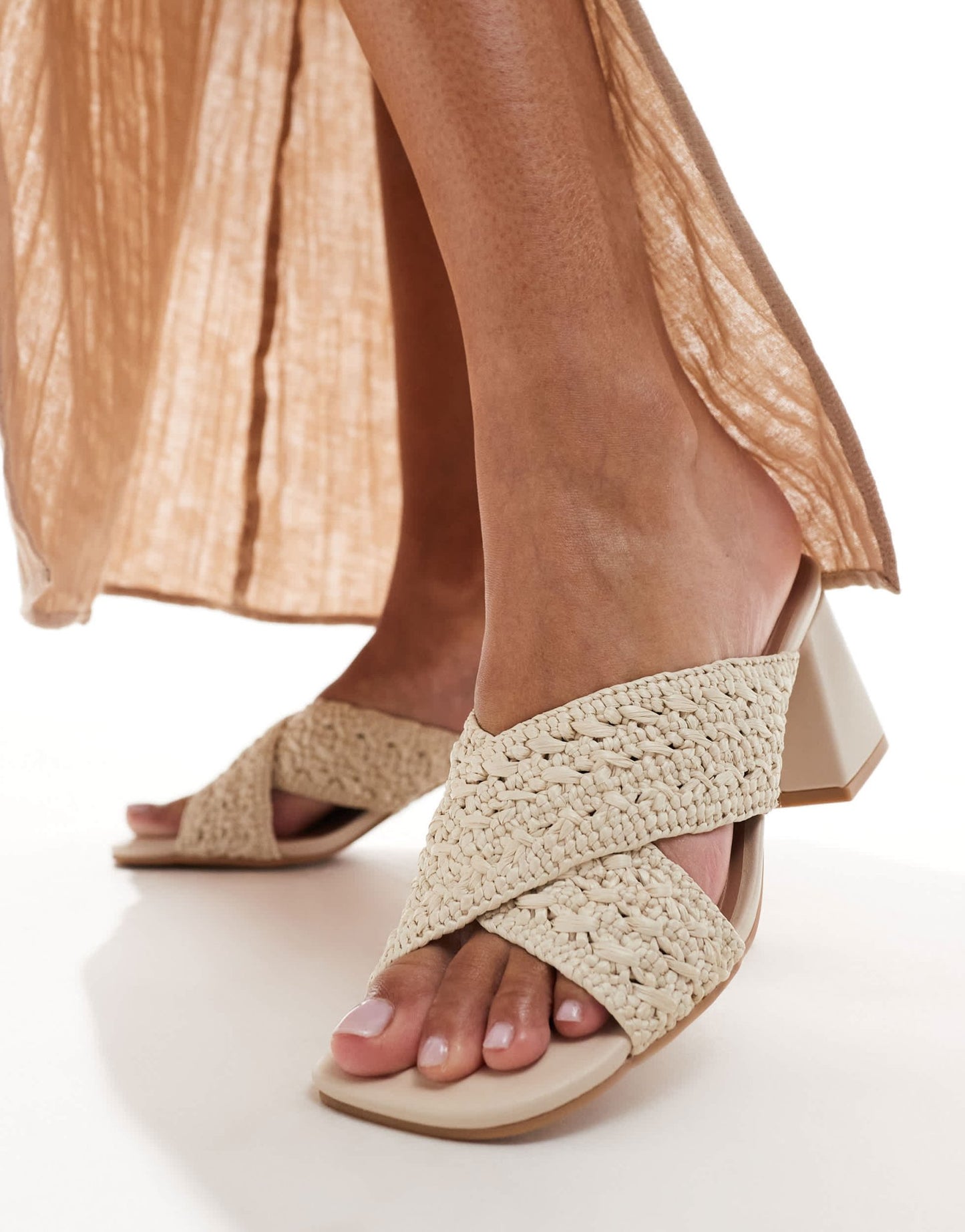 New Look cross strap crochet mid heeled sandal in off white - ASOS Sample Sale EU Store