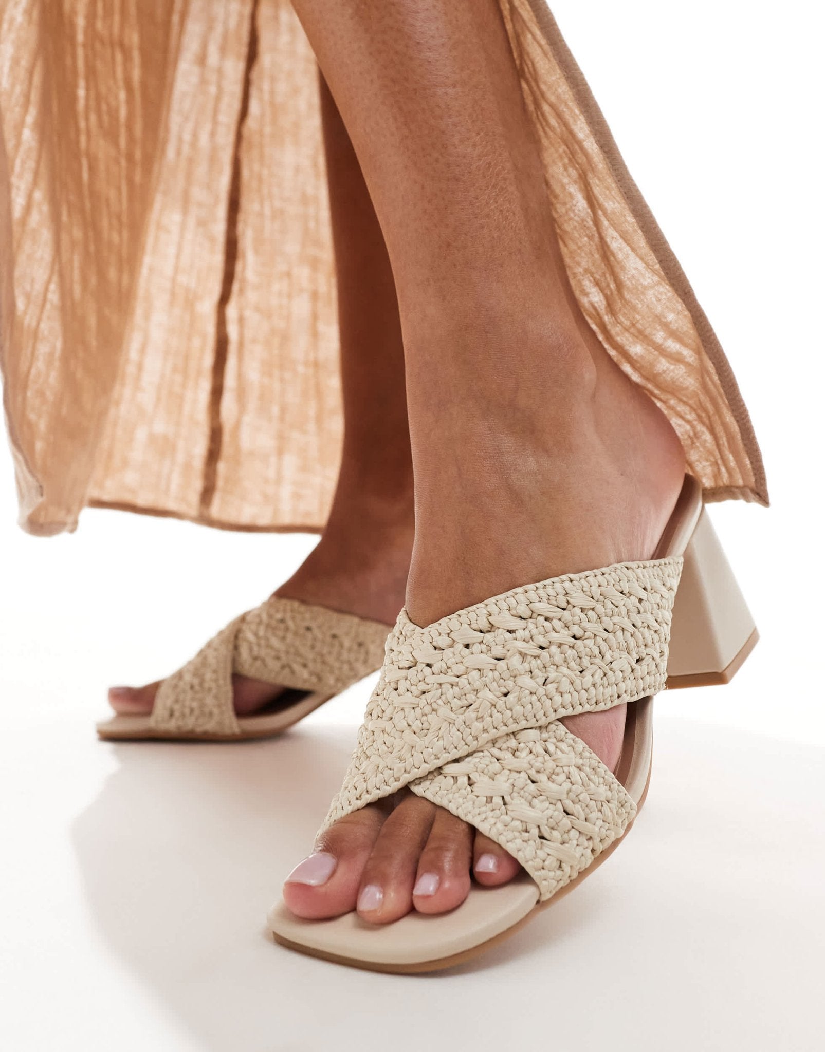 New Look cross strap crochet mid heeled sandal in off white - ASOS Sample Sale EU Store