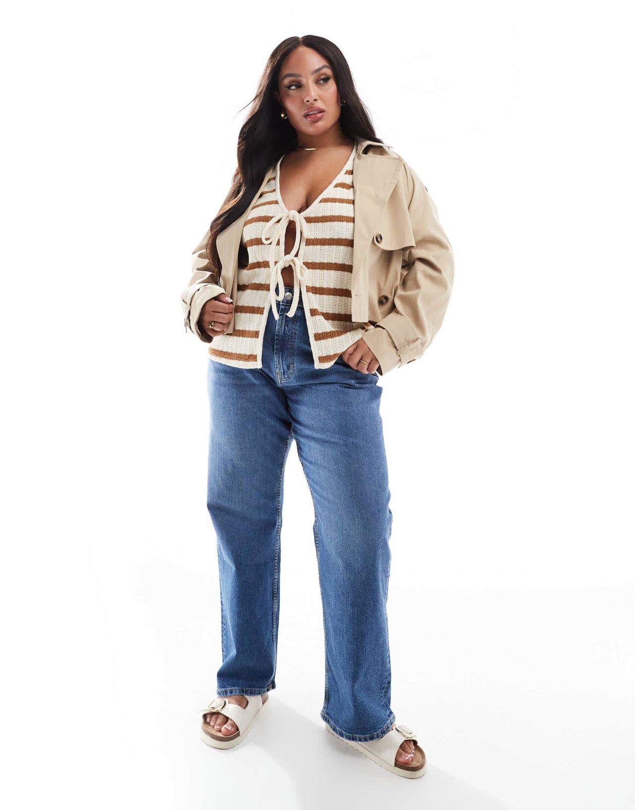 New Look Curve tie front knitted vest in cream and brown - ASOS Sample Sale EU Store