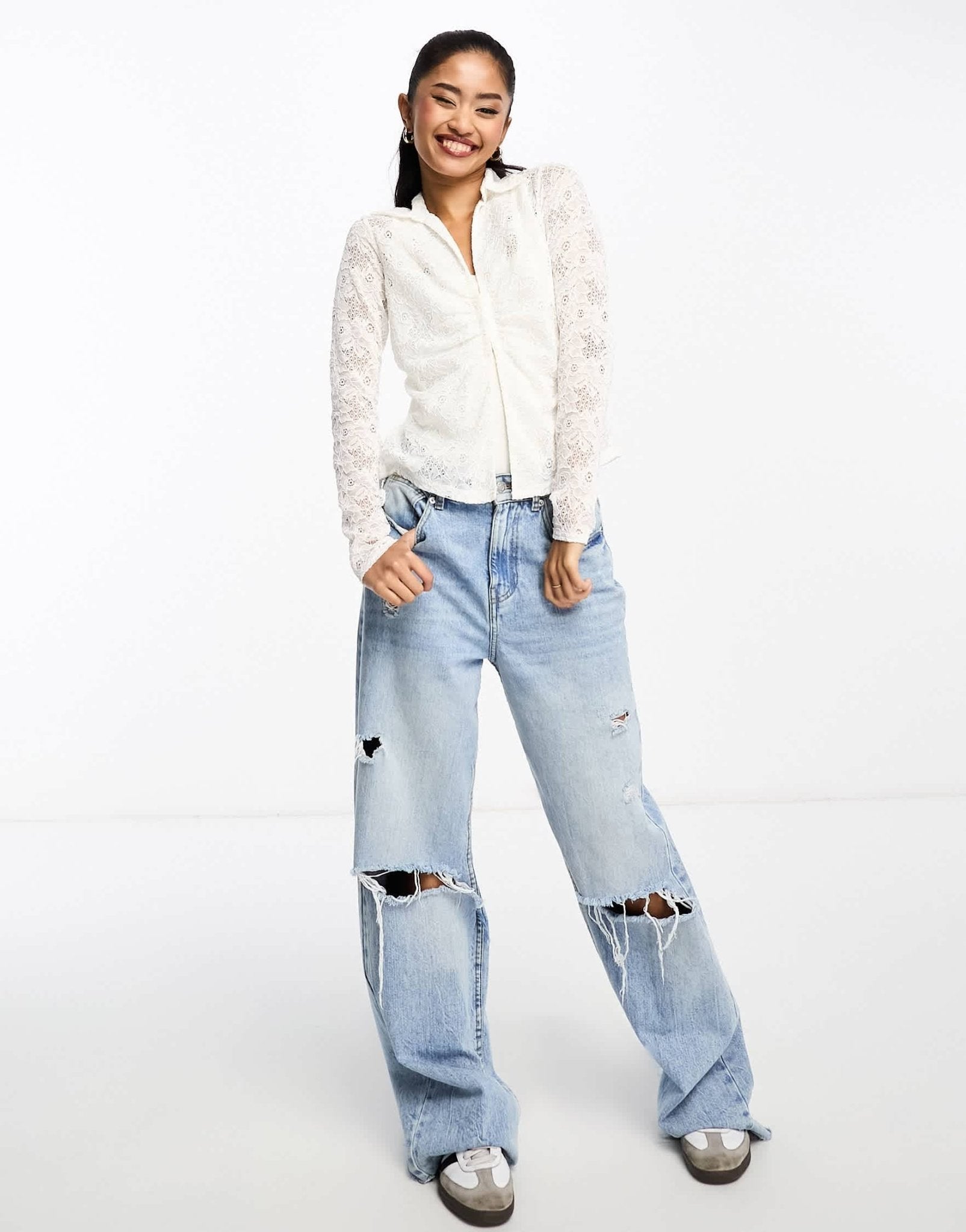 New Look lace long sleeve shirt in cream - ASOS Sample Sale EU Store