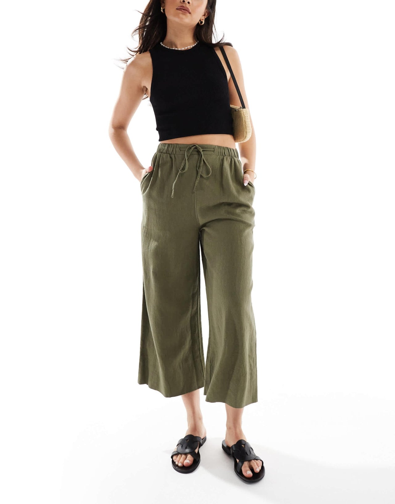 New Look linen cropped trousers in khaki - ASOS Sample Sale EU Store