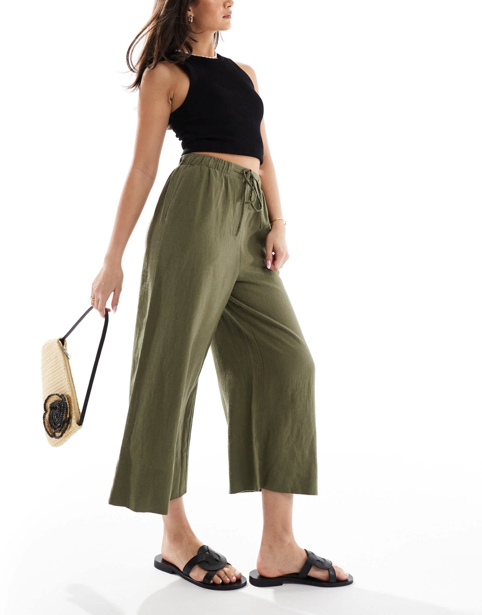 New Look linen cropped trousers in khaki - ASOS Sample Sale EU Store
