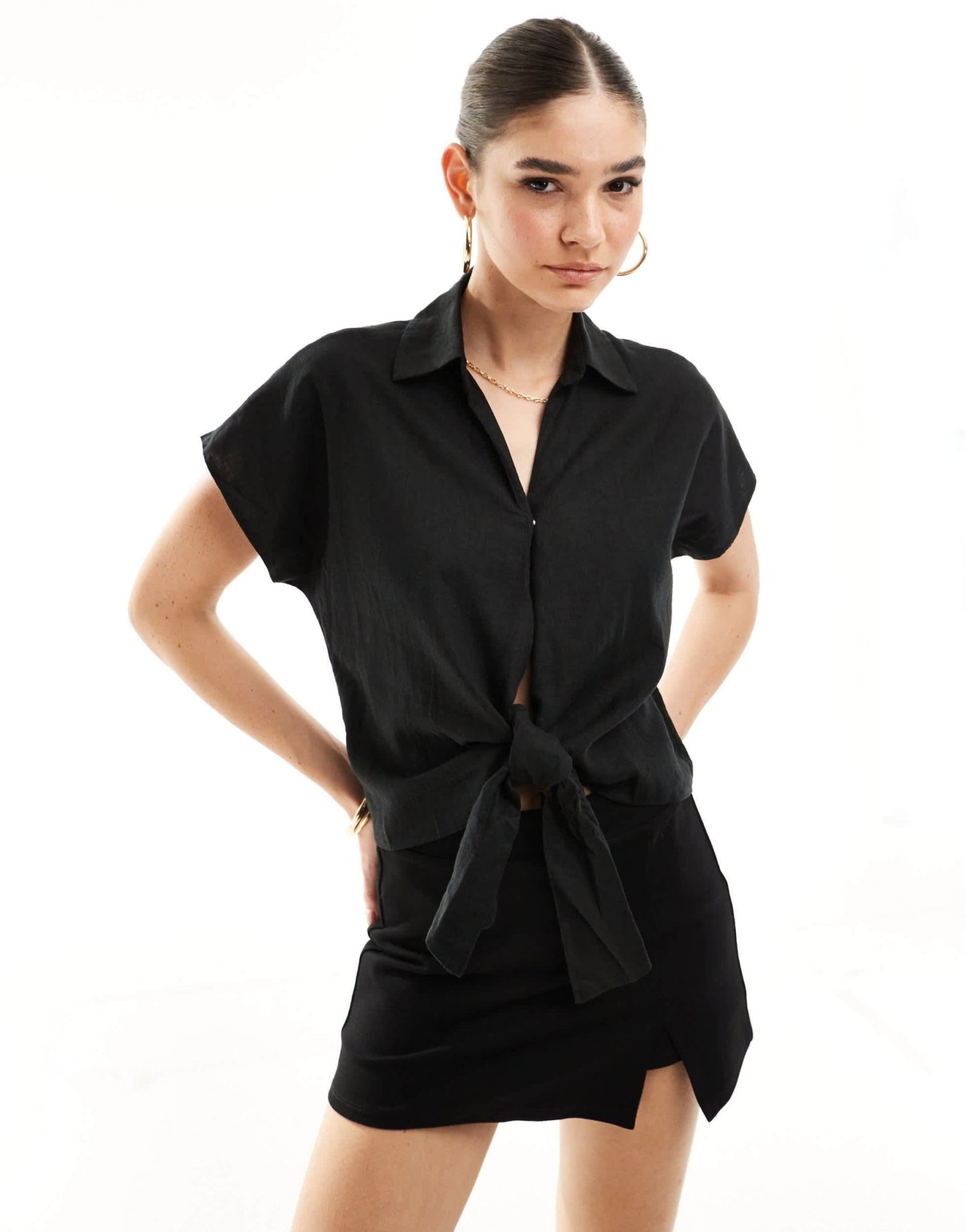 New Look linen look tie front shirt in black - ASOS Sample Sale EU Store