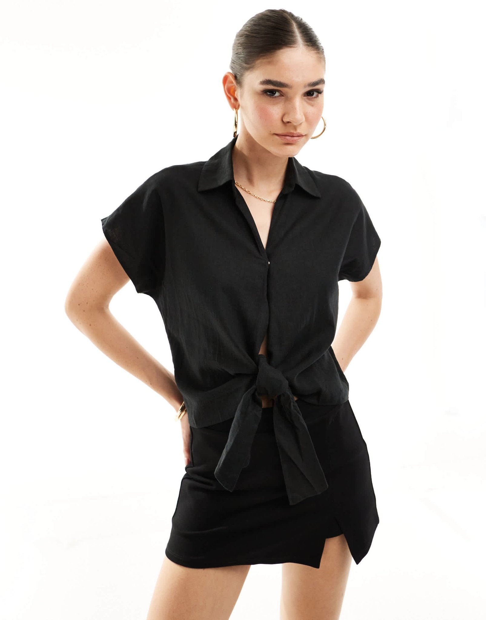 New Look linen look tie front shirt in black - ASOS Sample Sale EU Store