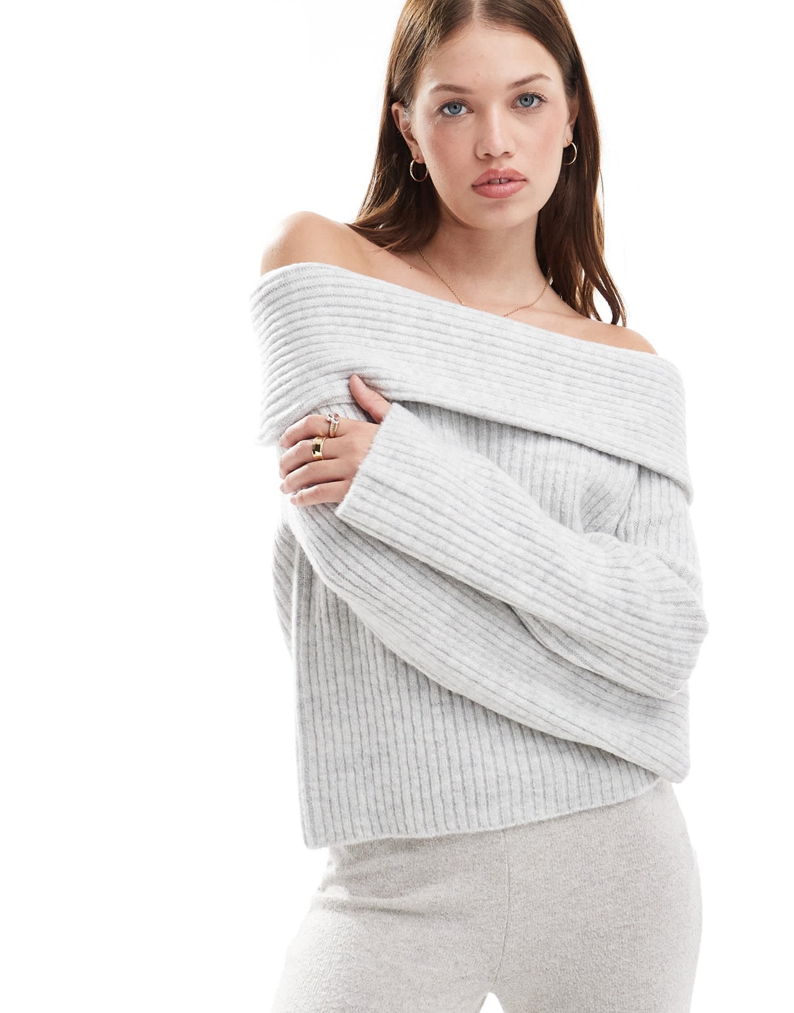 New Look ribbed bardot jumper in grey - ASOS Sample Sale EU Store