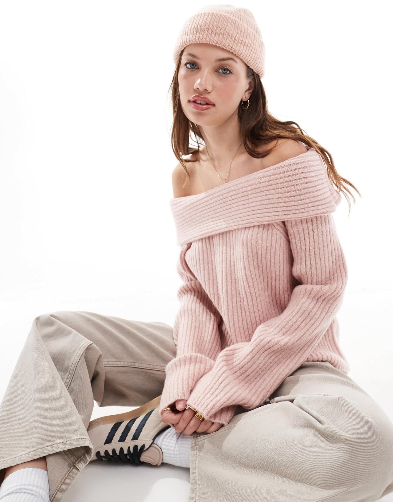 New Look ribbed bardot jumper in light pink - ASOS Sample Sale EU Store