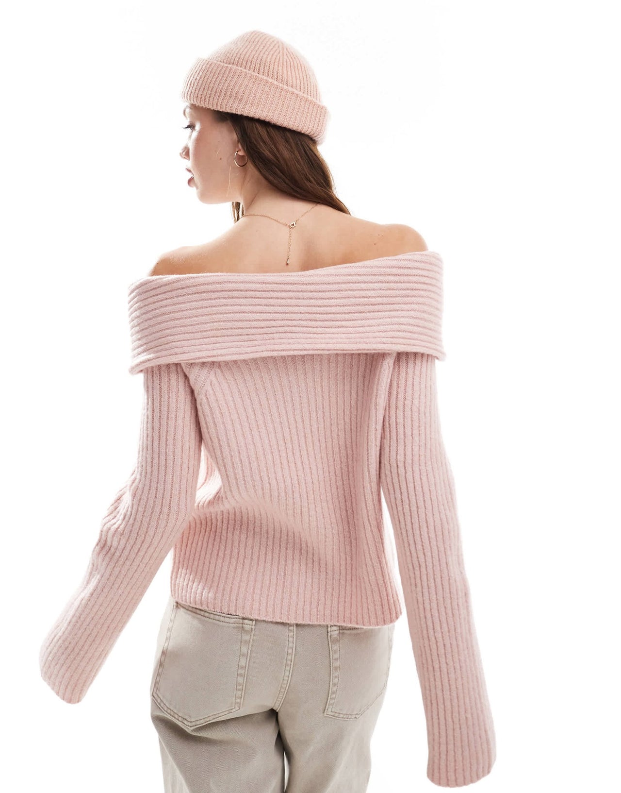 New Look ribbed bardot jumper in light pink - ASOS Sample Sale EU Store