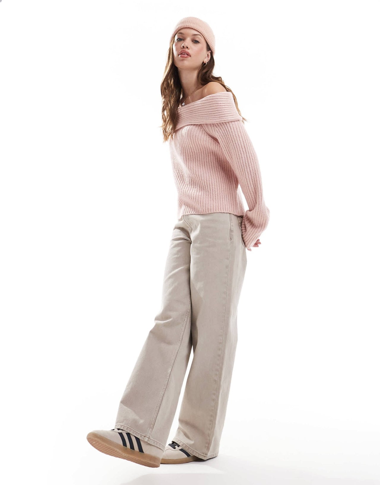 New Look ribbed bardot jumper in light pink - ASOS Sample Sale EU Store
