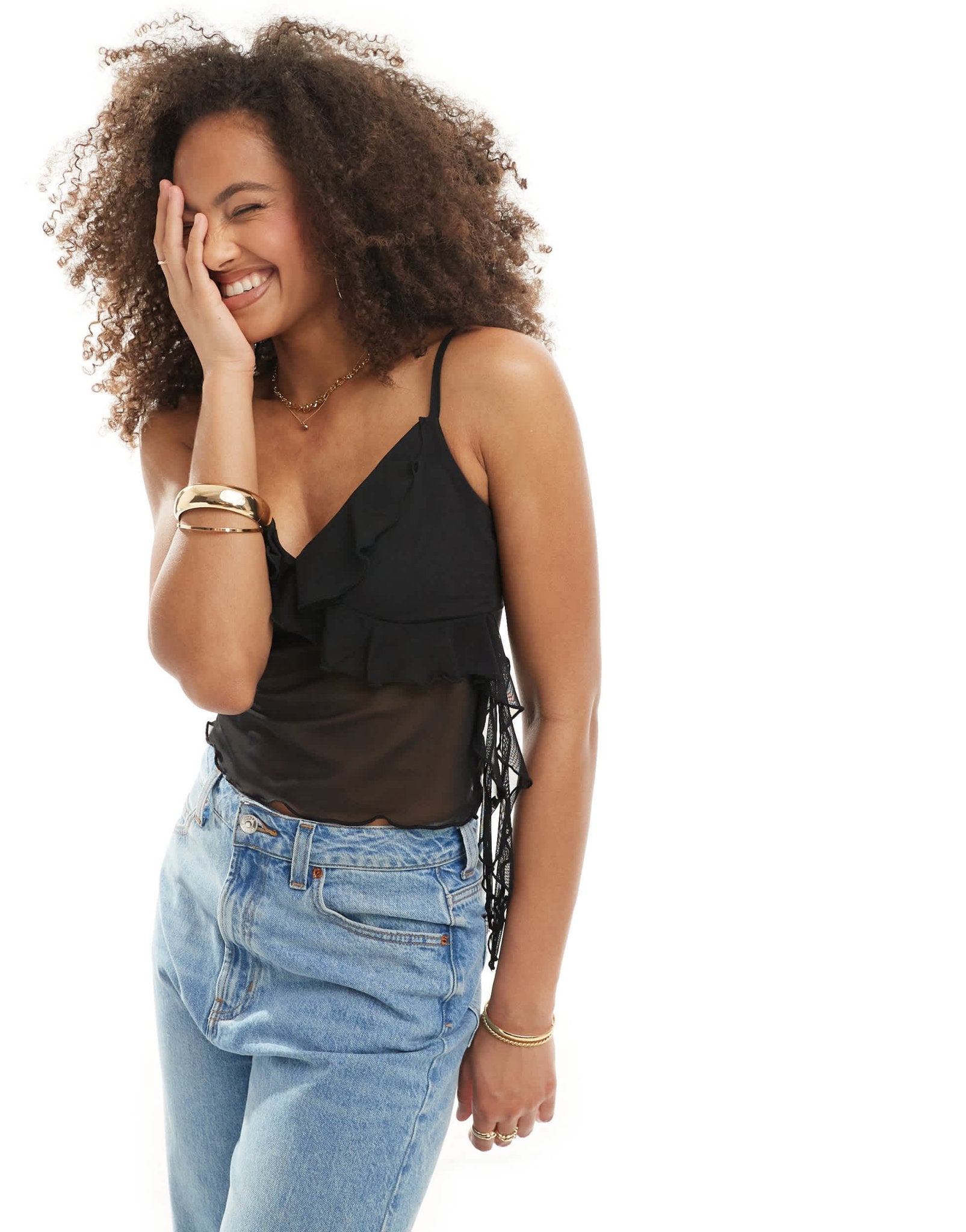 New Look ruffle trim strappy mesh cami top in black - ASOS Sample Sale EU Store