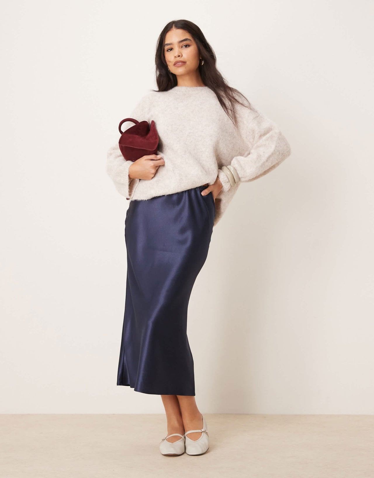 New Look satin midi bias skirt in navy - ASOS Sample Sale EU Store