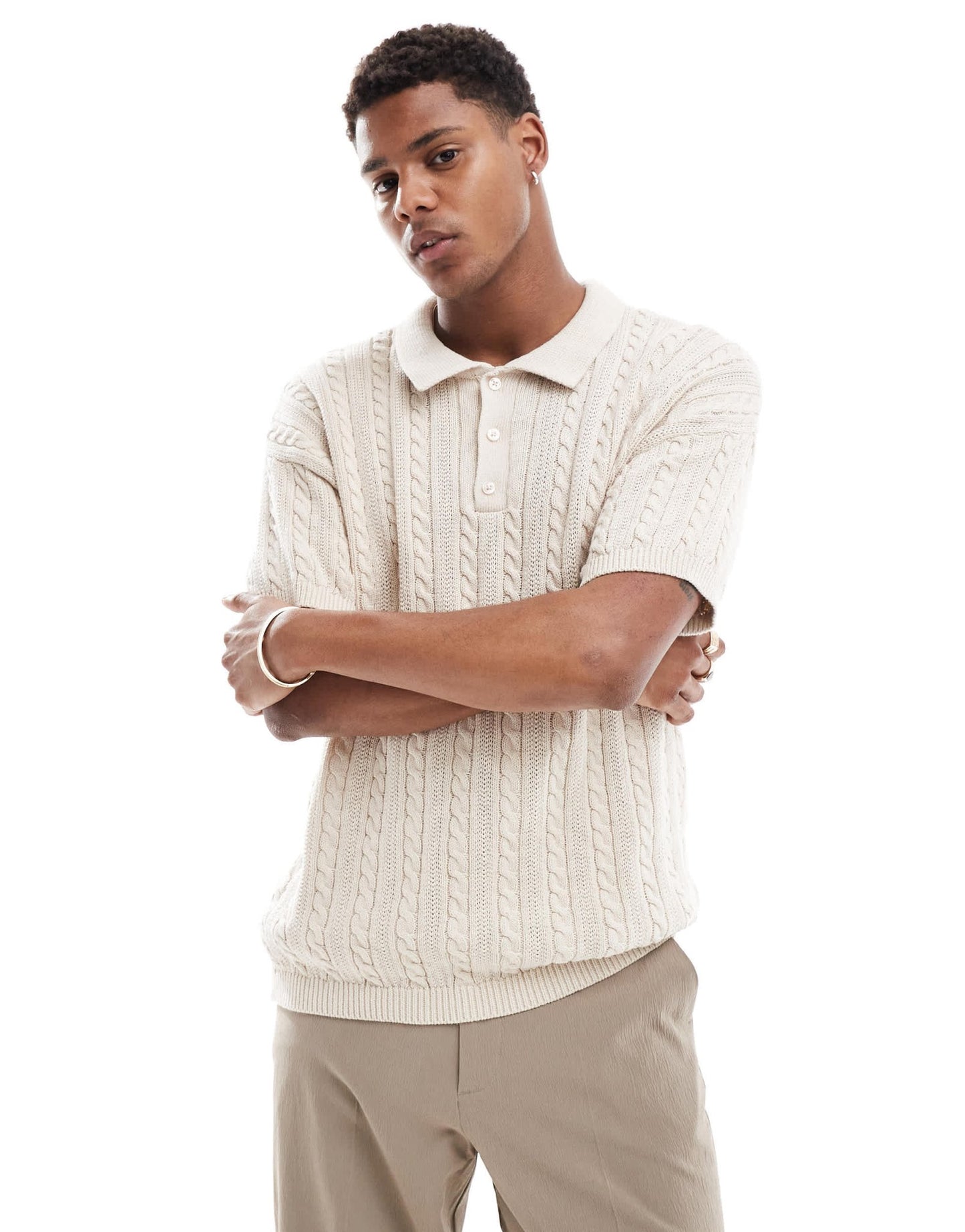 New Look short sleeve textured knit polo in off white - ASOS Sample Sale EU Store