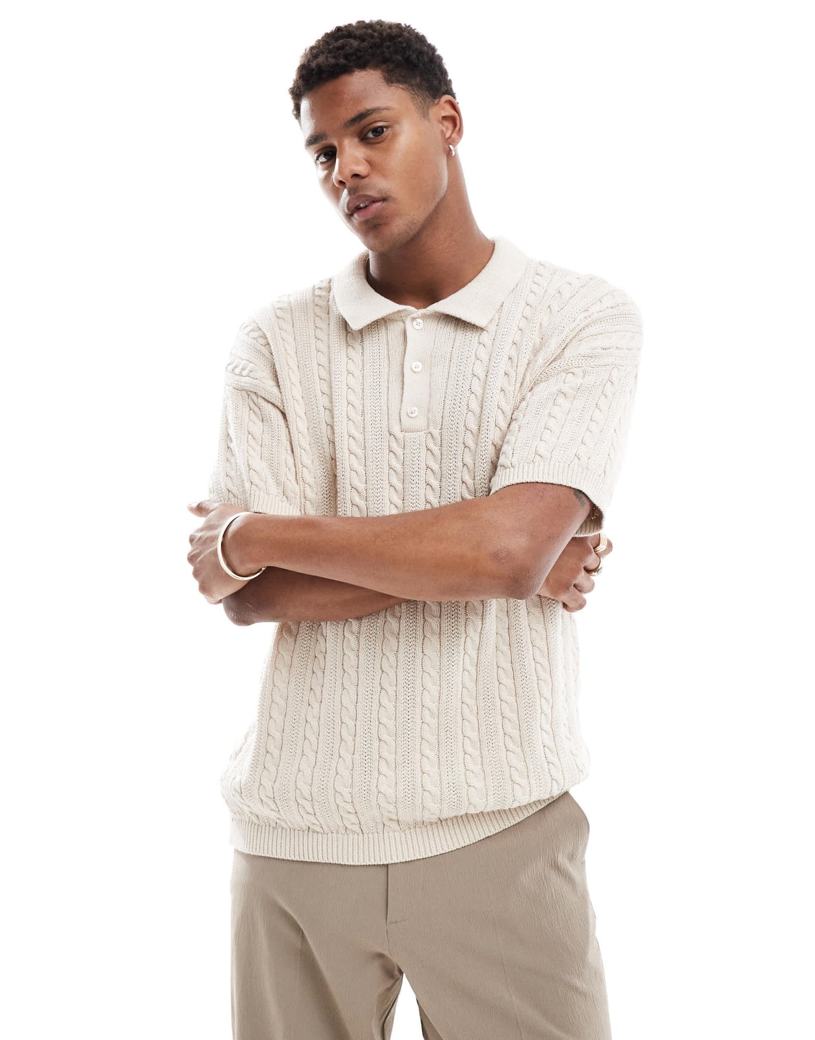 New Look short sleeve textured knit polo in off white - ASOS Sample Sale EU Store