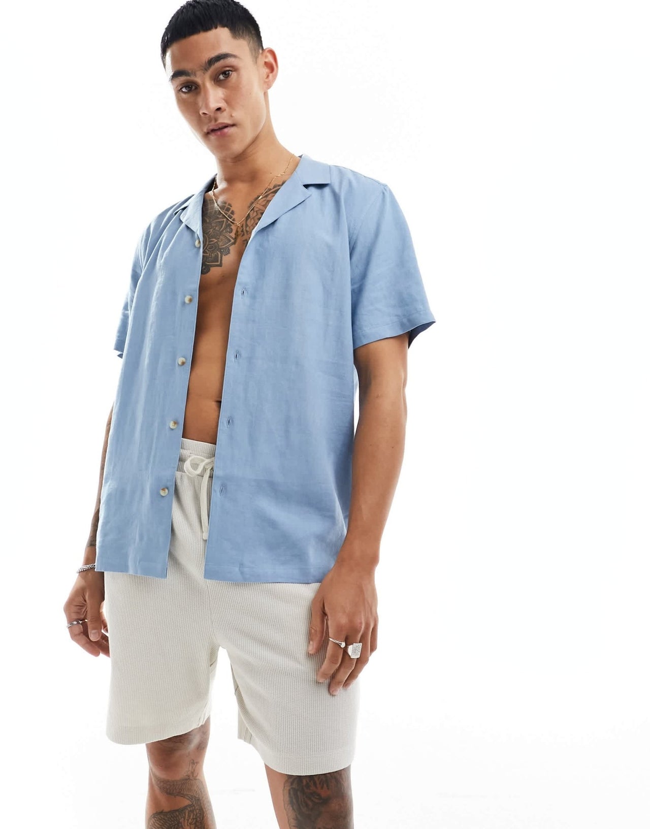 New Look short sleeved linen look shirt in light blue - ASOS Sample Sale EU Store