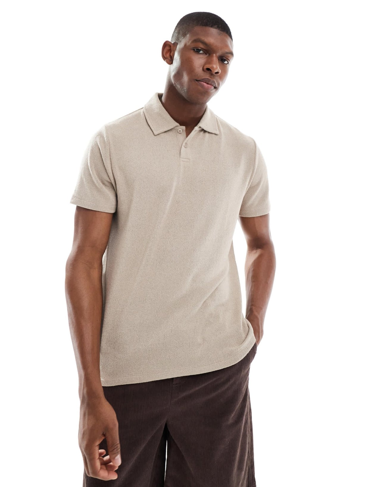 New Look short sleeved textured polo in light brown - ASOS Sample Sale EU Store