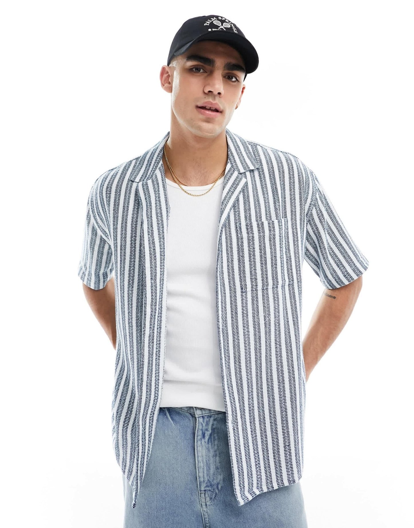 New Look short sleeved textured stripe patterned shirt in navy - ASOS Sample Sale EU Store
