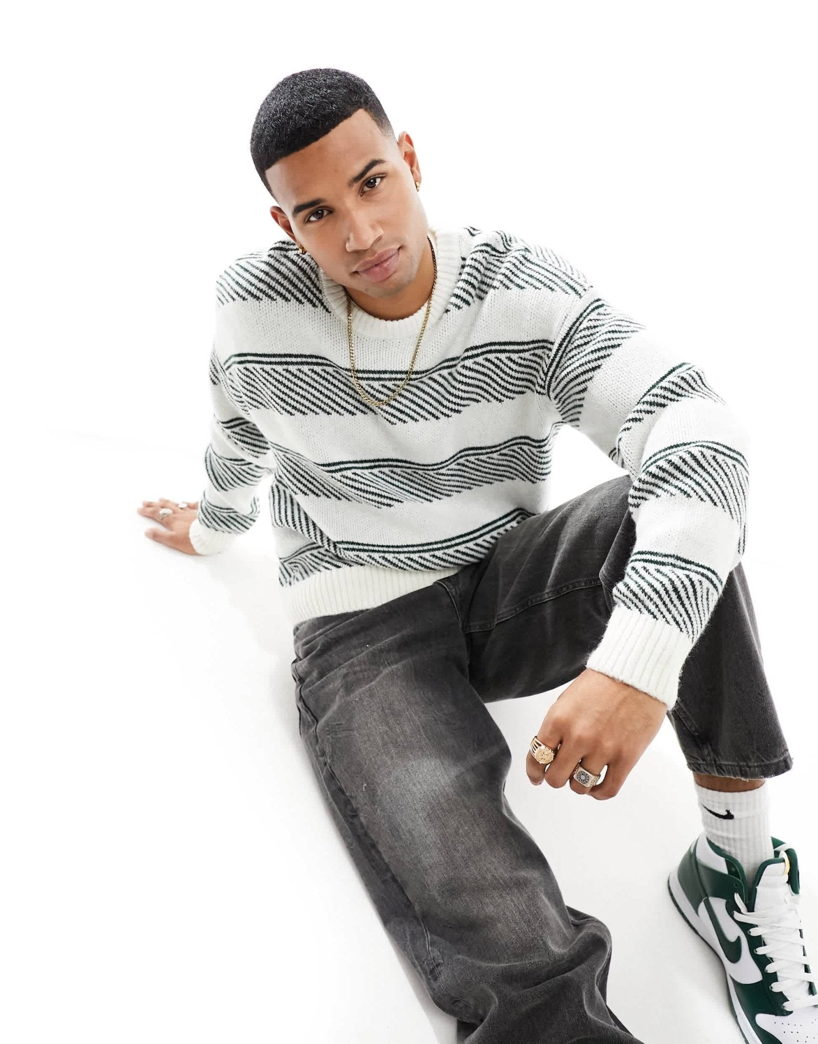 New Look stripe crew neck jumper in off white and khaki - ASOS Sample Sale EU Store
