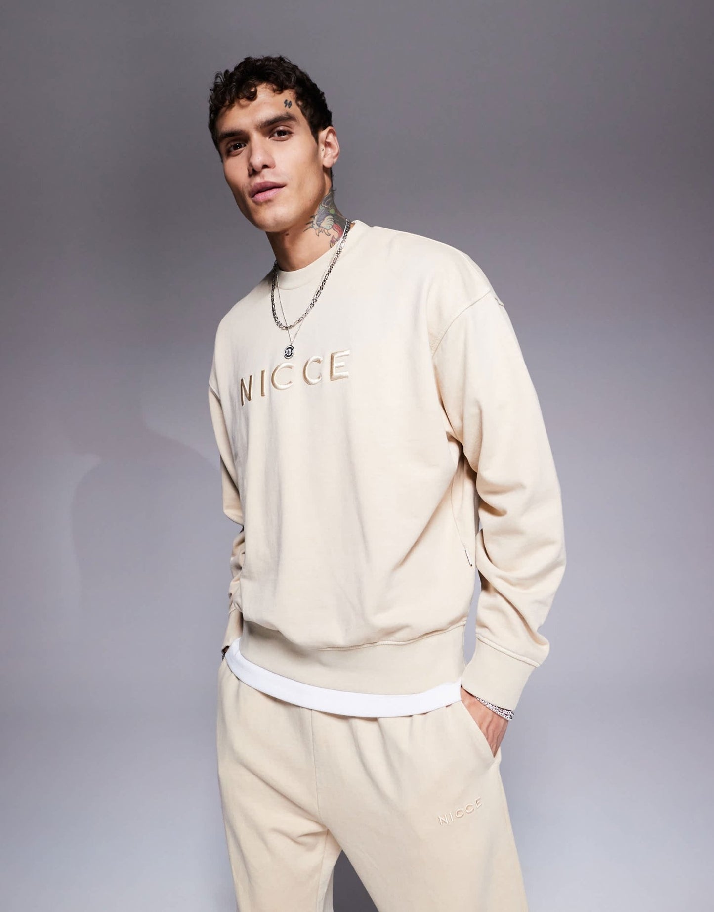 Nicce co - ord logo washed crew neck sweat in beige - ASOS Sample Sale EU Store