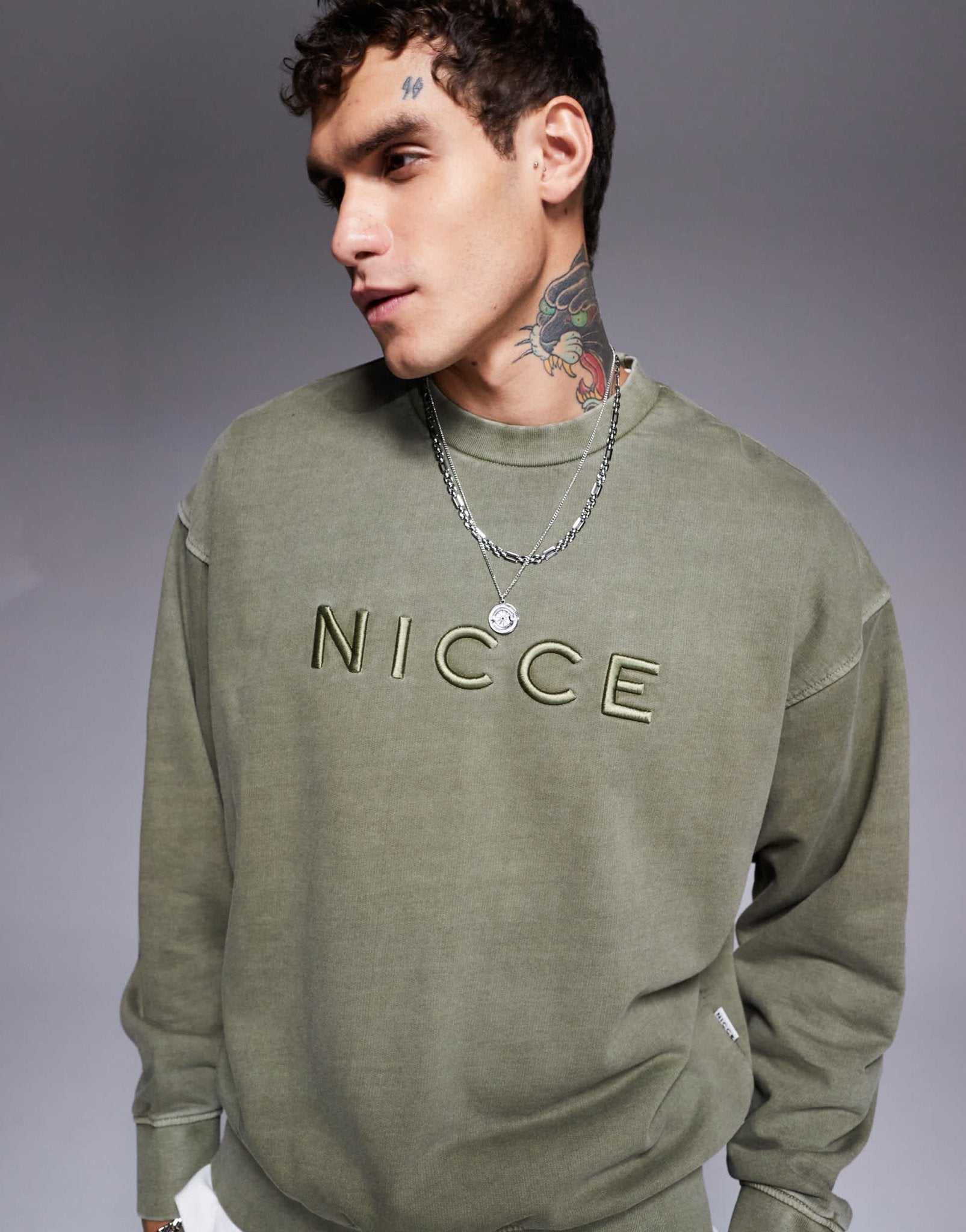 Nicce co - ord logo washed crew neck sweat in khaki - ASOS Sample Sale EU Store