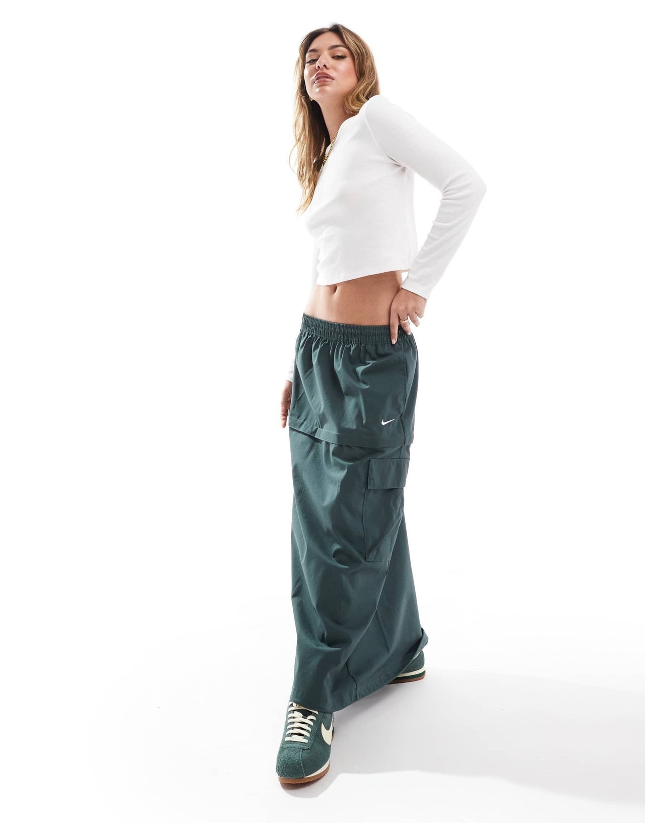 Nike Woven 2 in 1 maxi and mini skirt with zip detail in green - ASOS Sample Sale EU Store