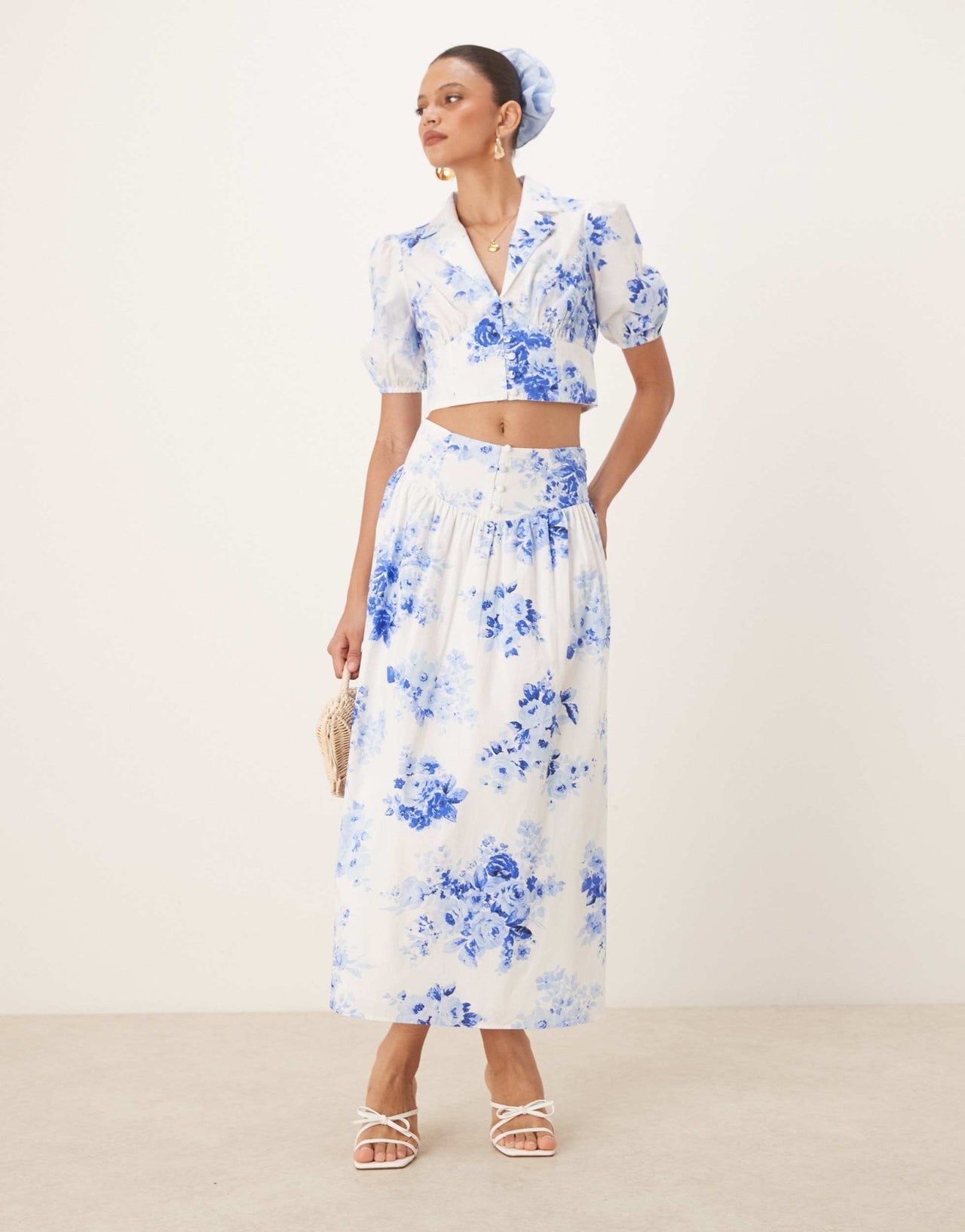 Nobody's Child Madalena a - line midi skirt co - ord in blue and white - ASOS Sample Sale EU Store