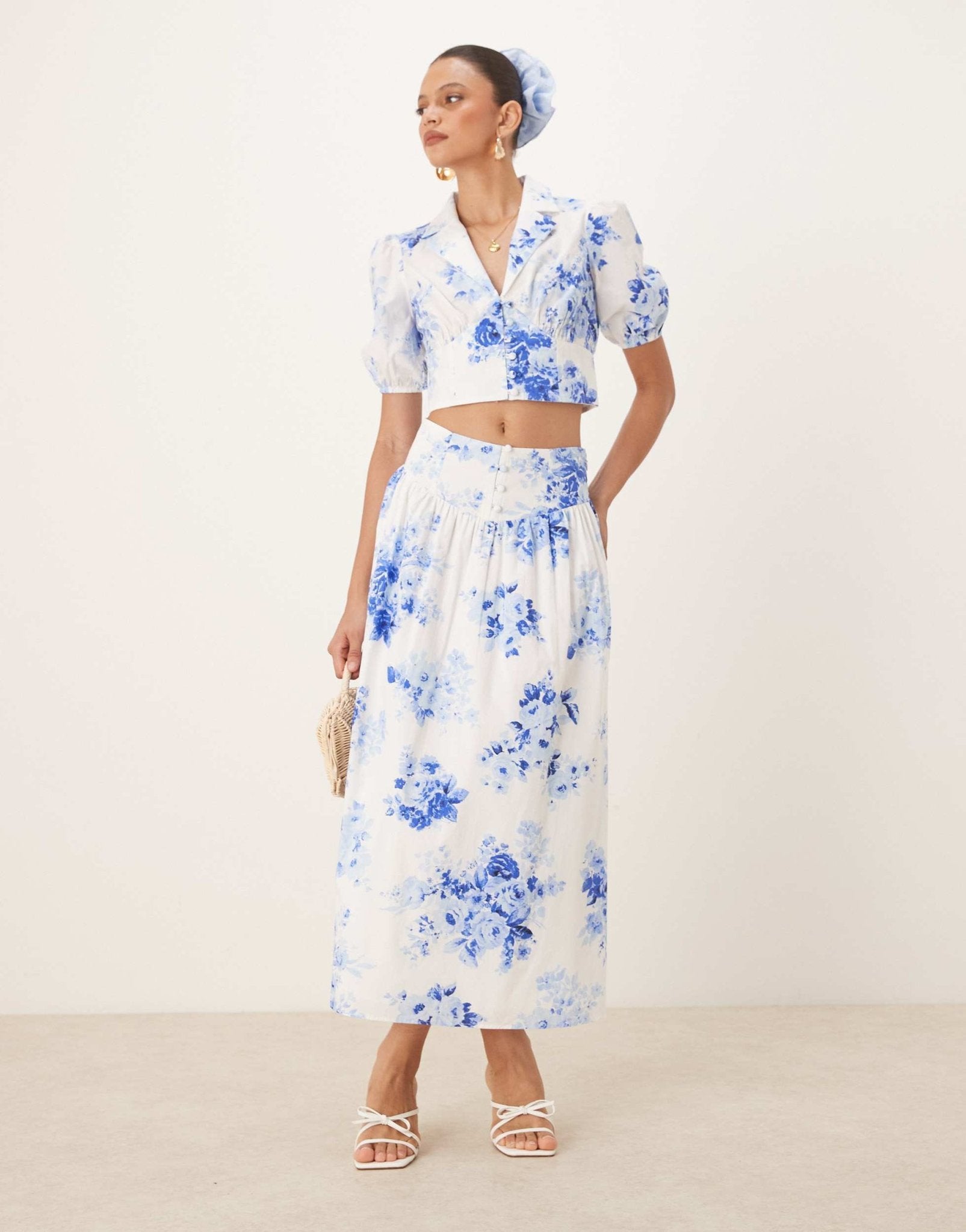 Nobody's Child Madalena a - line midi skirt co - ord in blue and white - ASOS Sample Sale EU Store