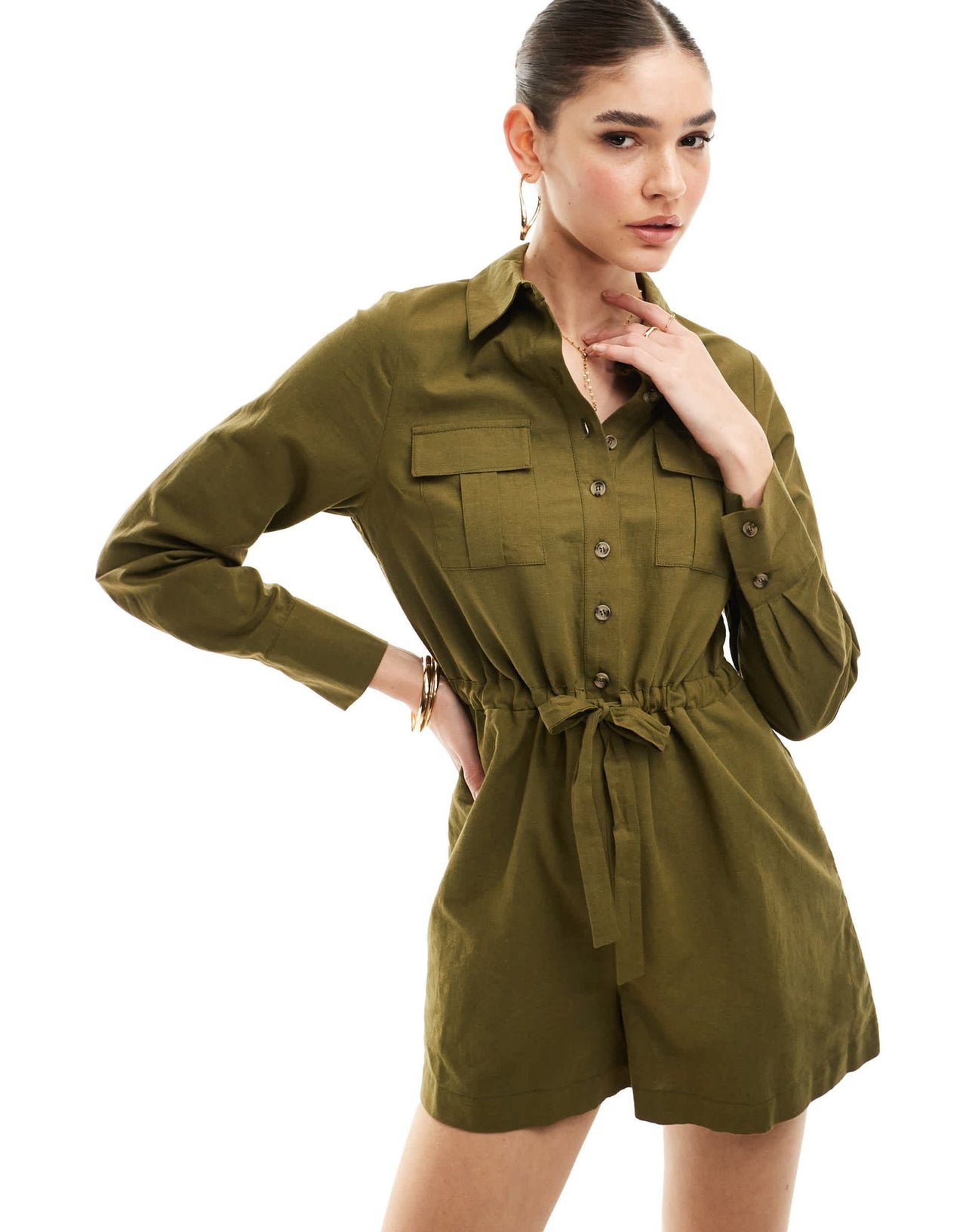 Nobody's Child Miranda utility style playsuit in khaki - ASOS Sample Sale EU Store