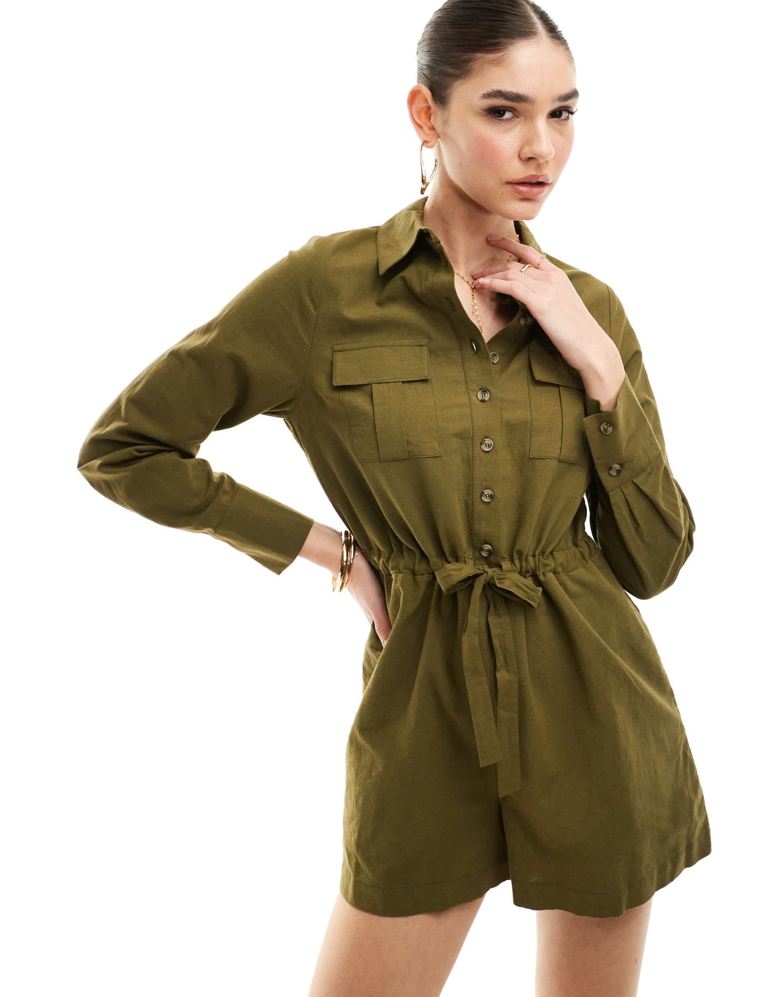 Nobody's Child Miranda utility style playsuit in khaki - ASOS Sample Sale EU Store