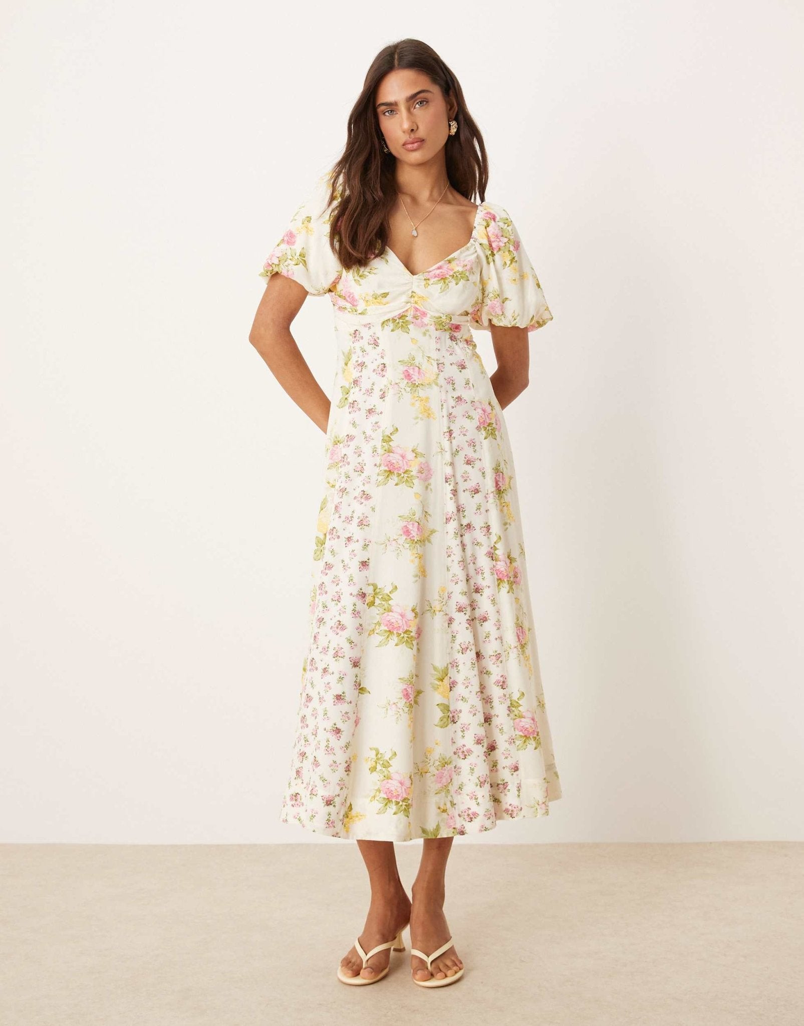Nobody's Child Peony milkmaid midi dress in cream spliced floral - ASOS Sample Sale EU Store