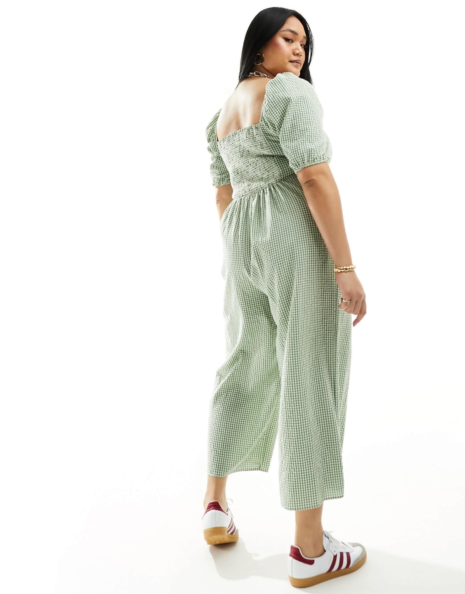 Nobody's Child Plus Simone puff sleeve wide leg jumpsuit in green gingham - ASOS Sample Sale EU Store