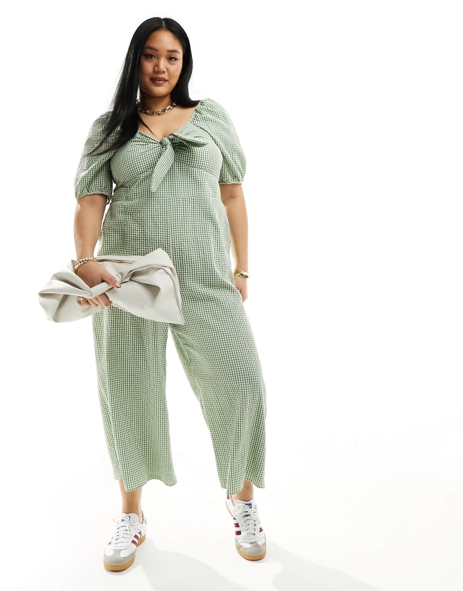 Nobody's Child Plus Simone puff sleeve wide leg jumpsuit in green gingham - ASOS Sample Sale EU Store
