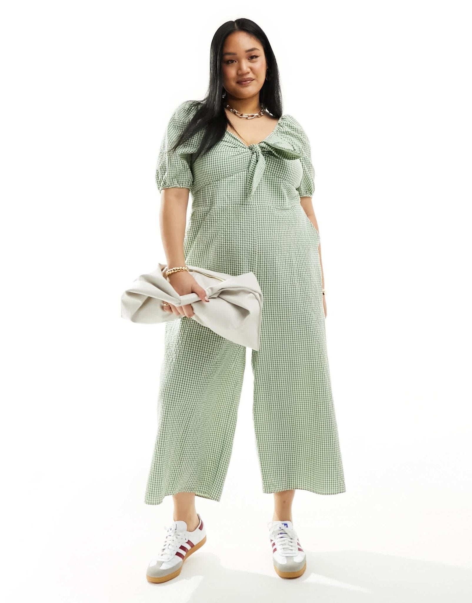 Nobody's Child Plus Simone puff sleeve wide leg jumpsuit in green gingham - ASOS Sample Sale EU Store