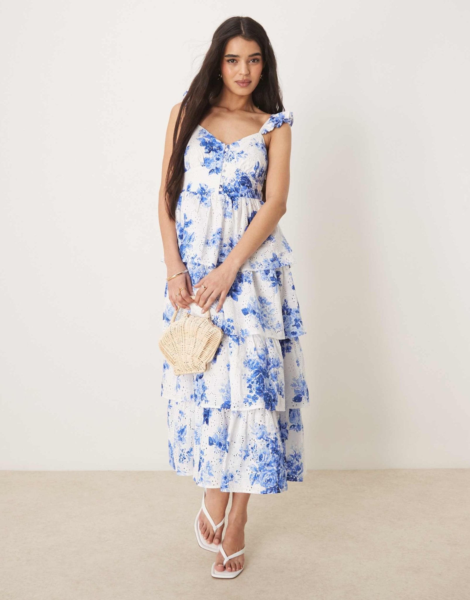 Nobody's Child Rhys flutter sleeve tiered midi dress in white blue floral - ASOS Sample Sale EU Store