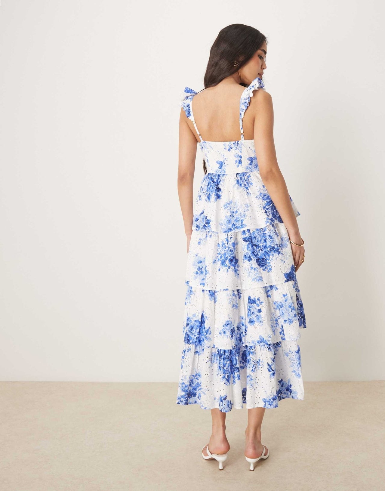 Nobody's Child Rhys flutter sleeve tiered midi dress in white blue floral - ASOS Sample Sale EU Store