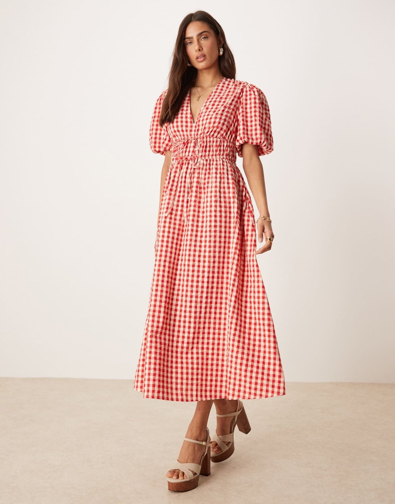 Nobody's Child Scottie v - neck midi dress in red gingham - ASOS Sample Sale EU Store