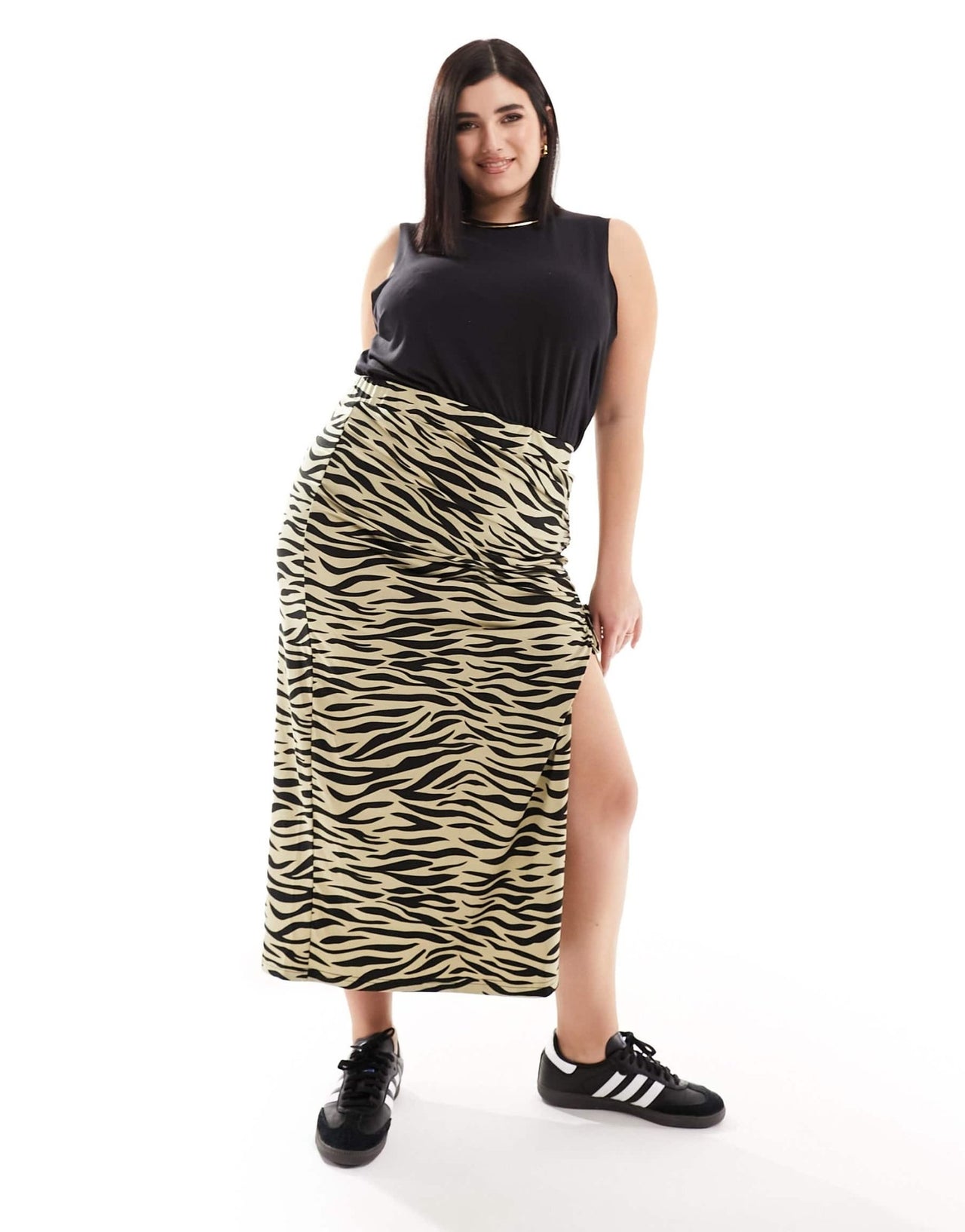 Noisy May Curve adjustable rushed midi skirt in beige zabra print - ASOS Sample Sale EU Store