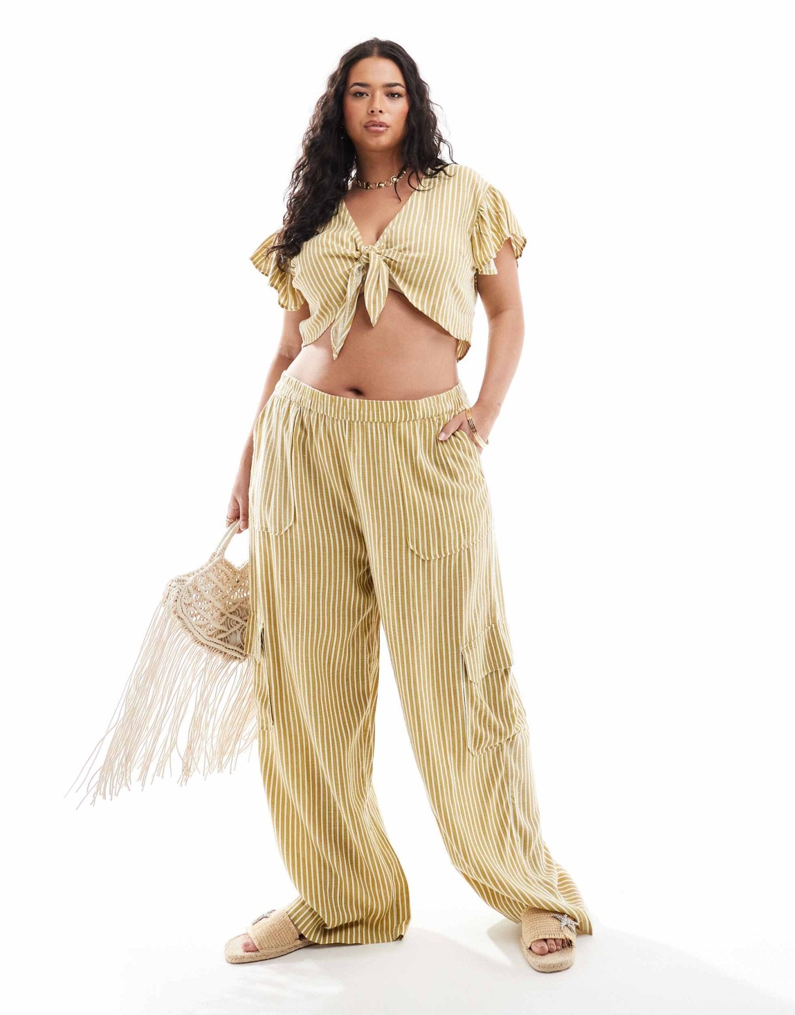 Noisy May Curve linen mix tie front top co - ord in yellow stripe - ASOS Sample Sale EU Store