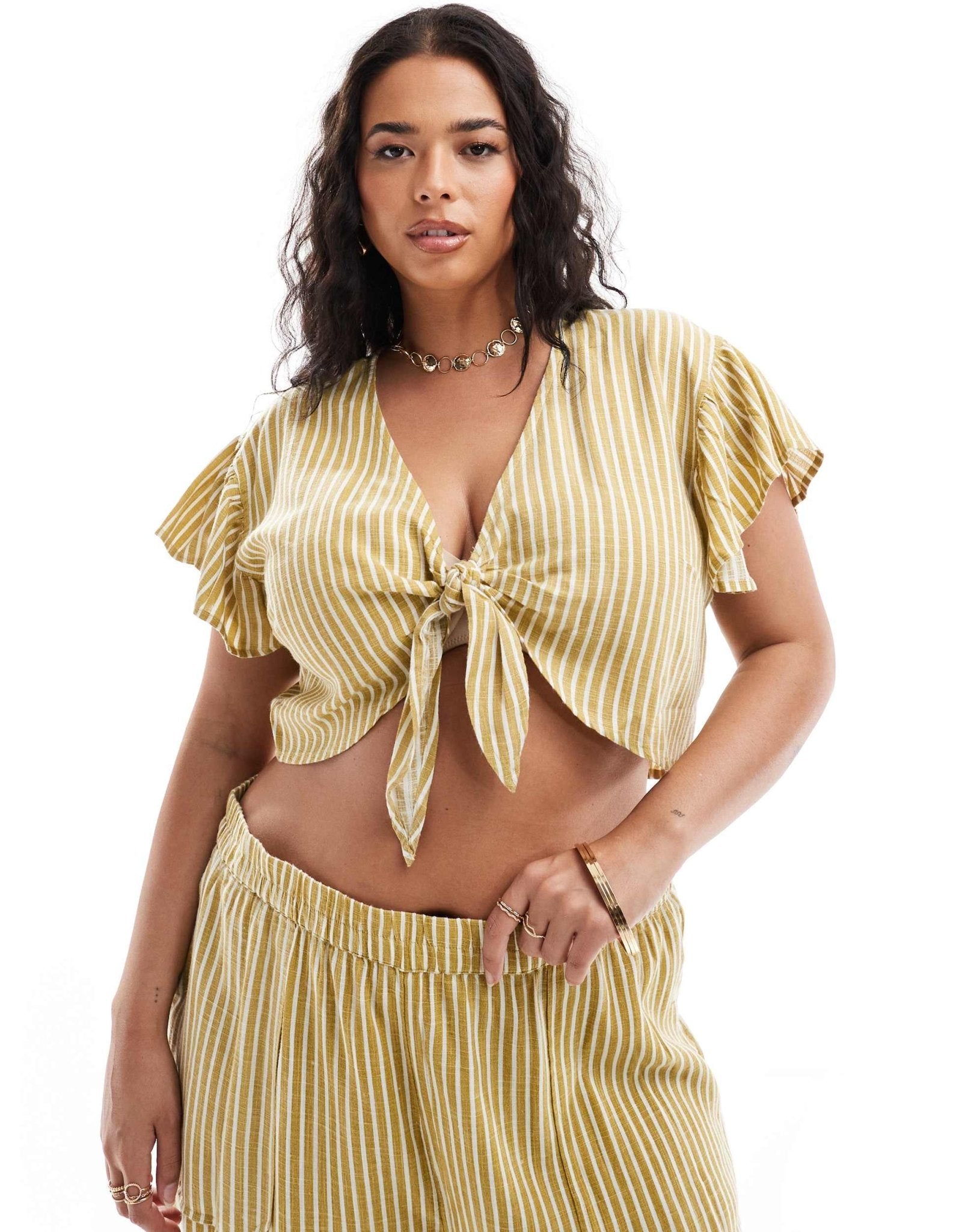 Noisy May Curve linen mix tie front top co - ord in yellow stripe - ASOS Sample Sale EU Store