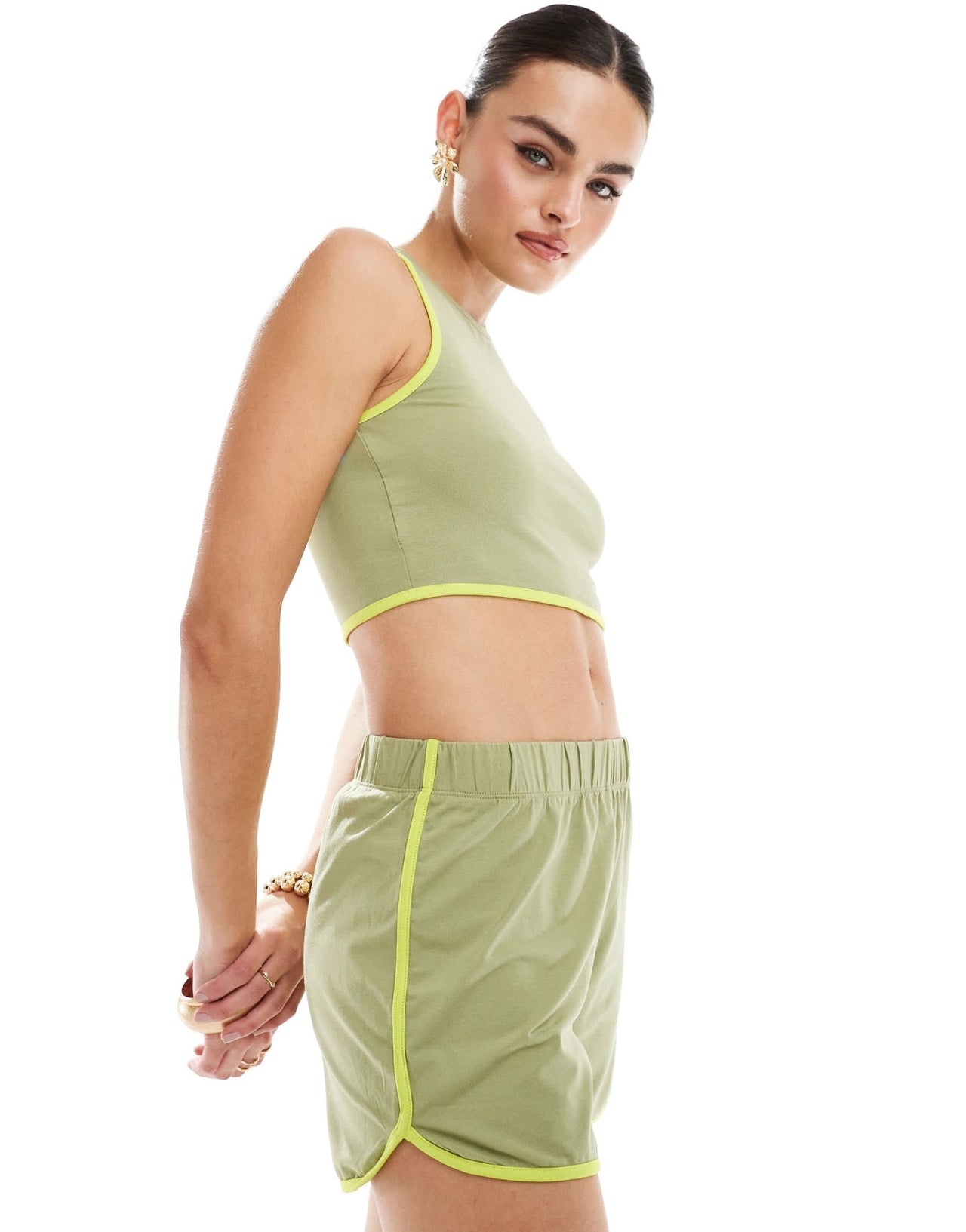Noisy May high waisted contrast piping short co - ord in green - ASOS Sample Sale EU Store