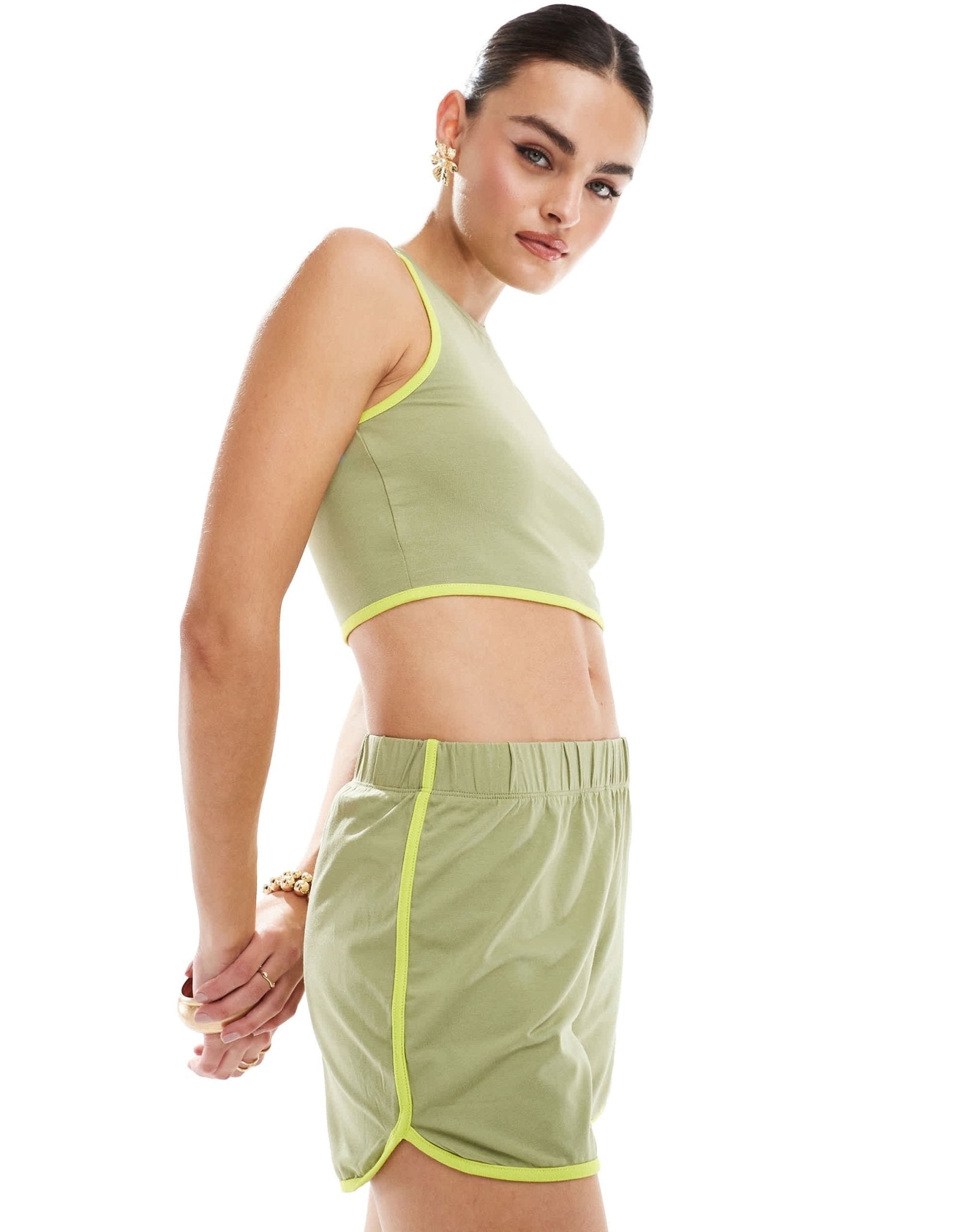 Noisy May high waisted contrast piping short co - ord in green - ASOS Sample Sale EU Store