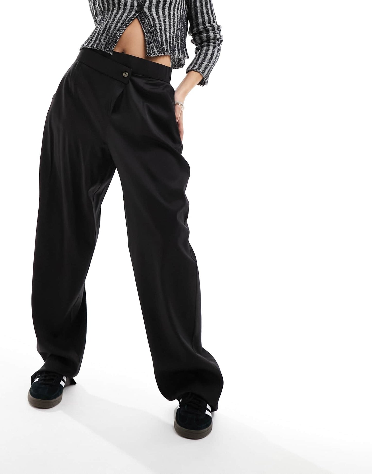 Noisy May high waisted wide leg asymmetric trouser in black - ASOS Sample Sale EU Store
